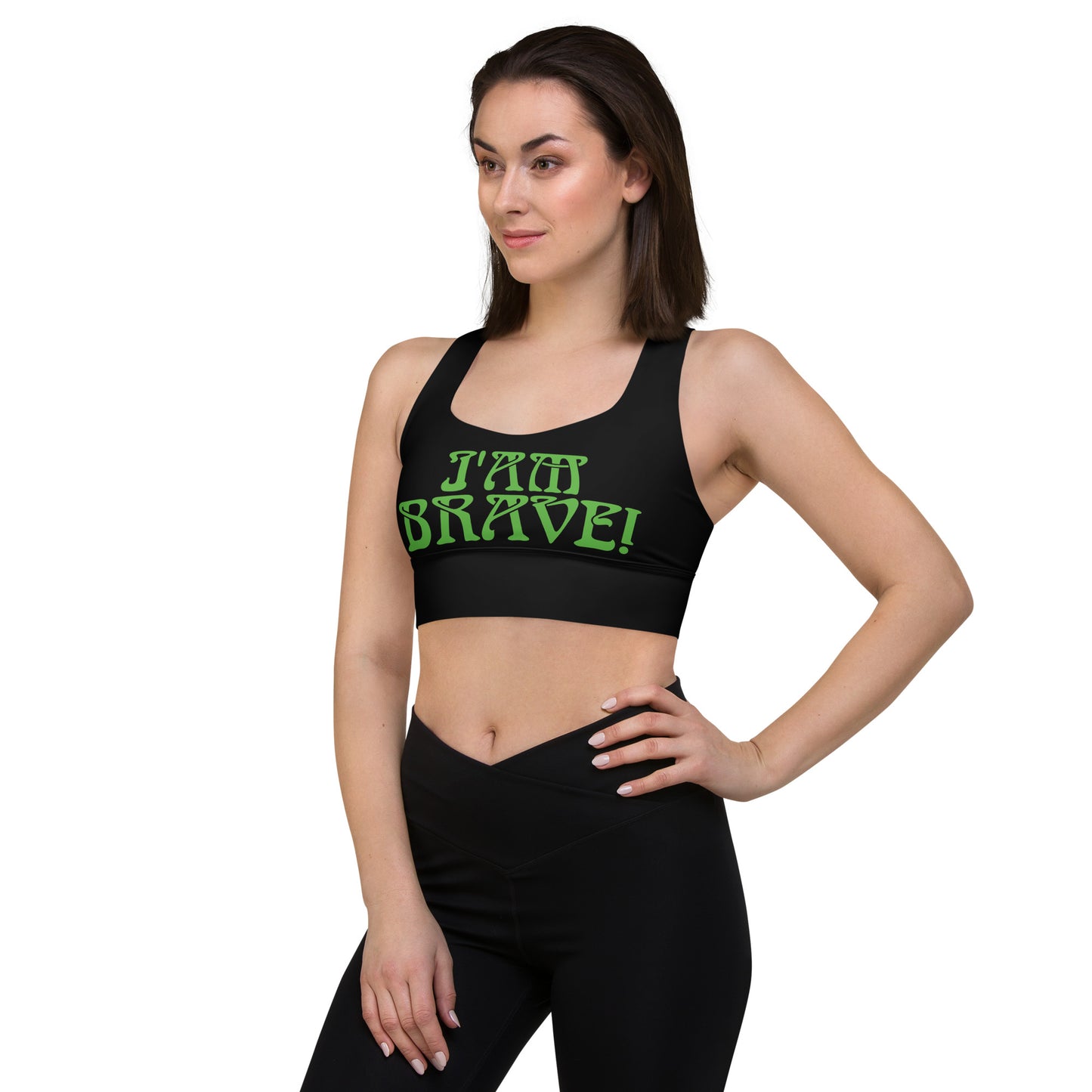 “I’AM BRAVE!” Black Longline Sports Bra W/Green Font