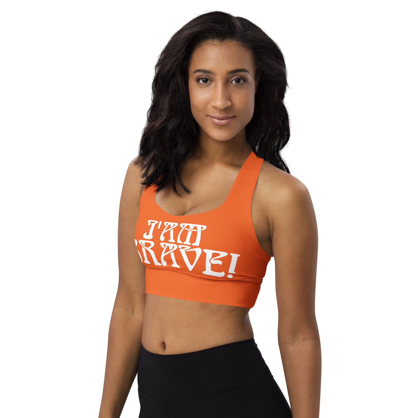 “I’AM BRAVE!” Orange Longline Sports Bra W/White Font