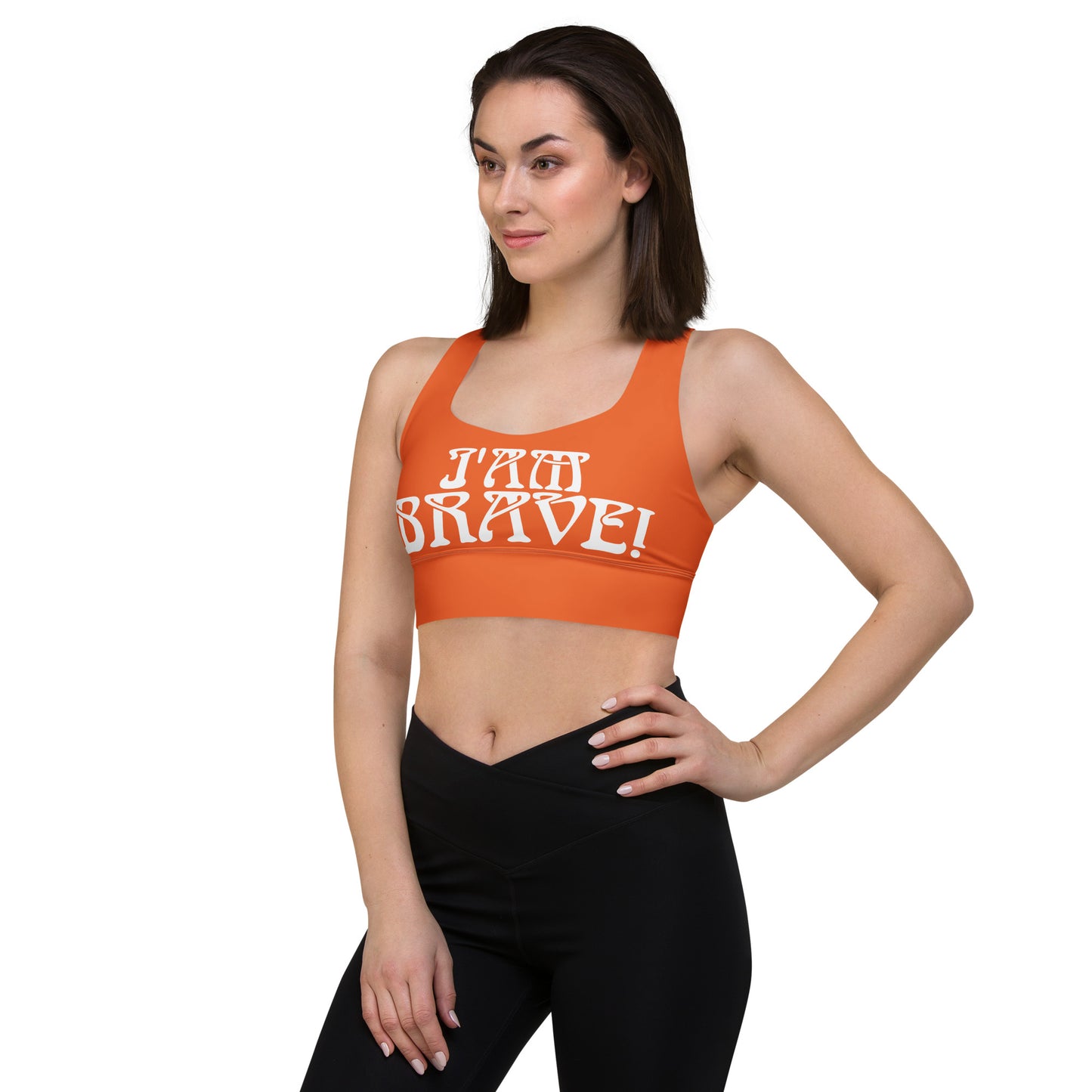 “I’AM BRAVE!” Orange Longline Sports Bra W/White Font