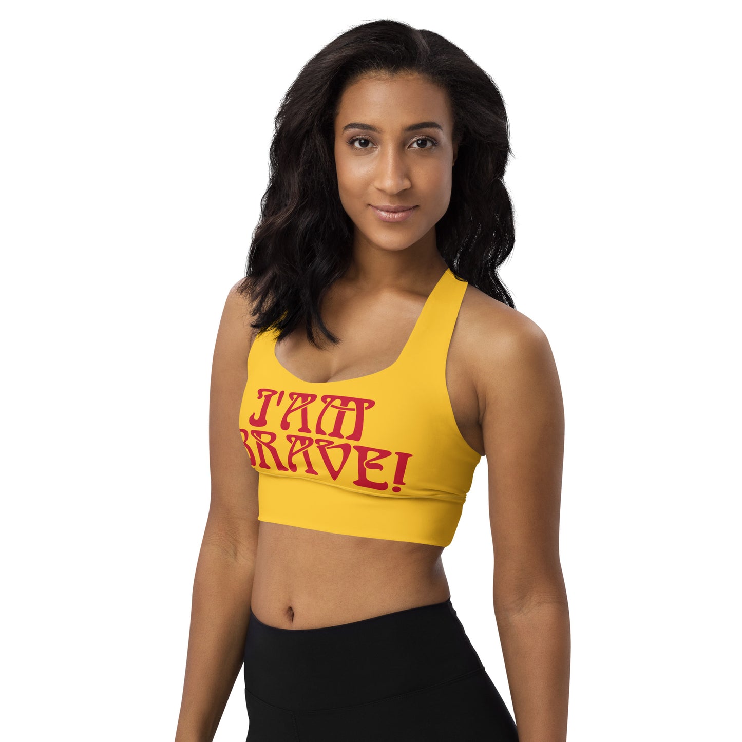 “I’AM BRAVE!” Yellow Longline Sports Bra W/Red Font