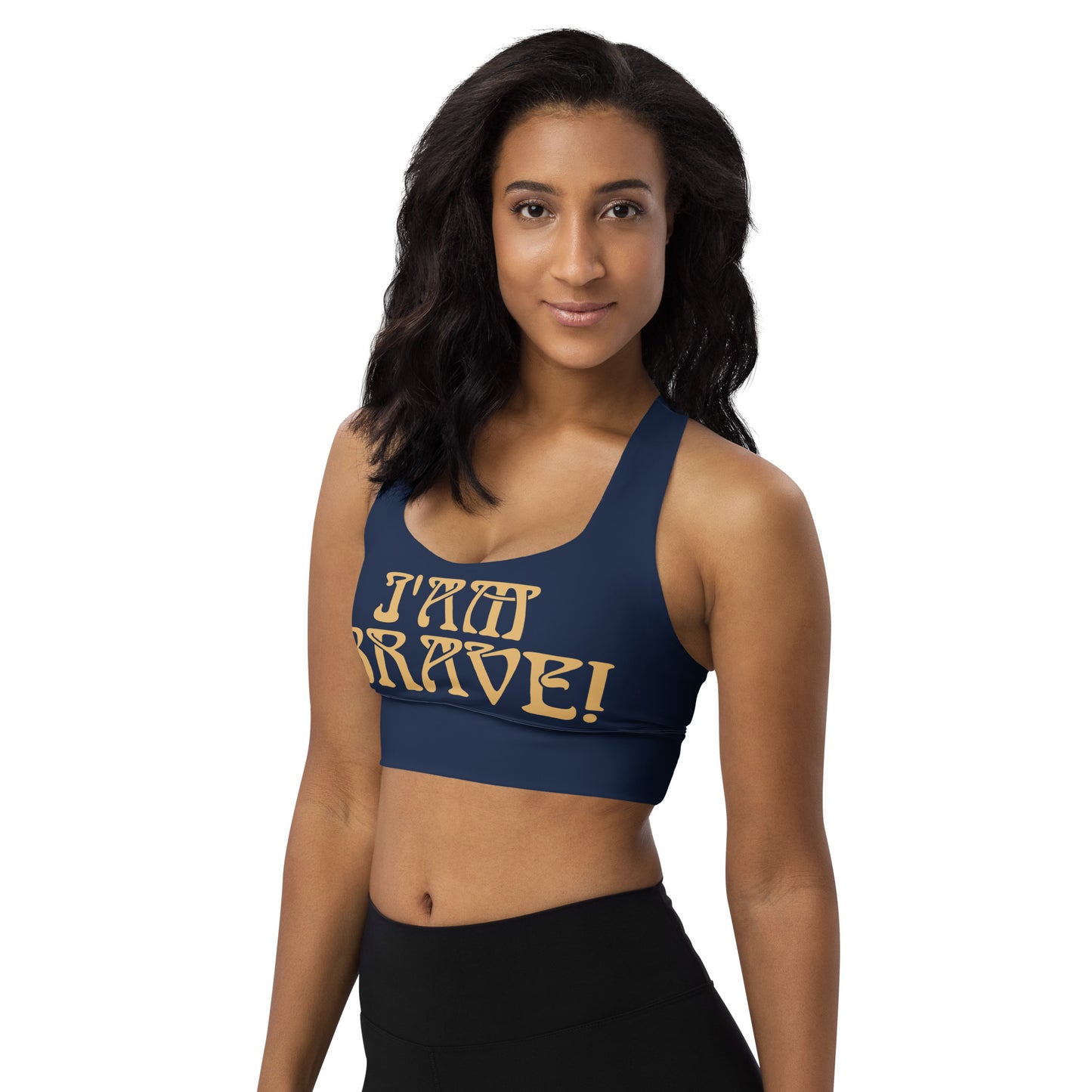 “I’AM BRAVE!” Navy Longline Sports Bra W/Fawn Font