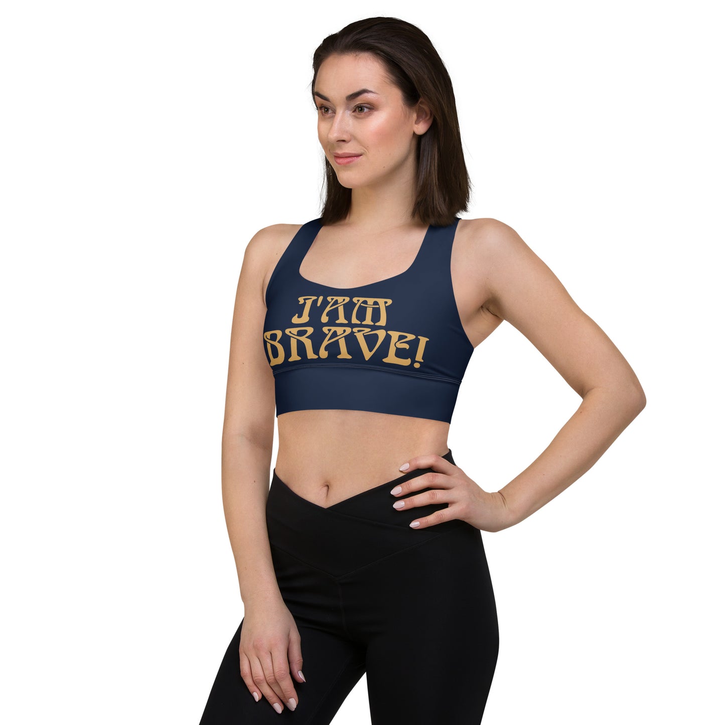 “I’AM BRAVE!” Navy Longline Sports Bra W/Fawn Font