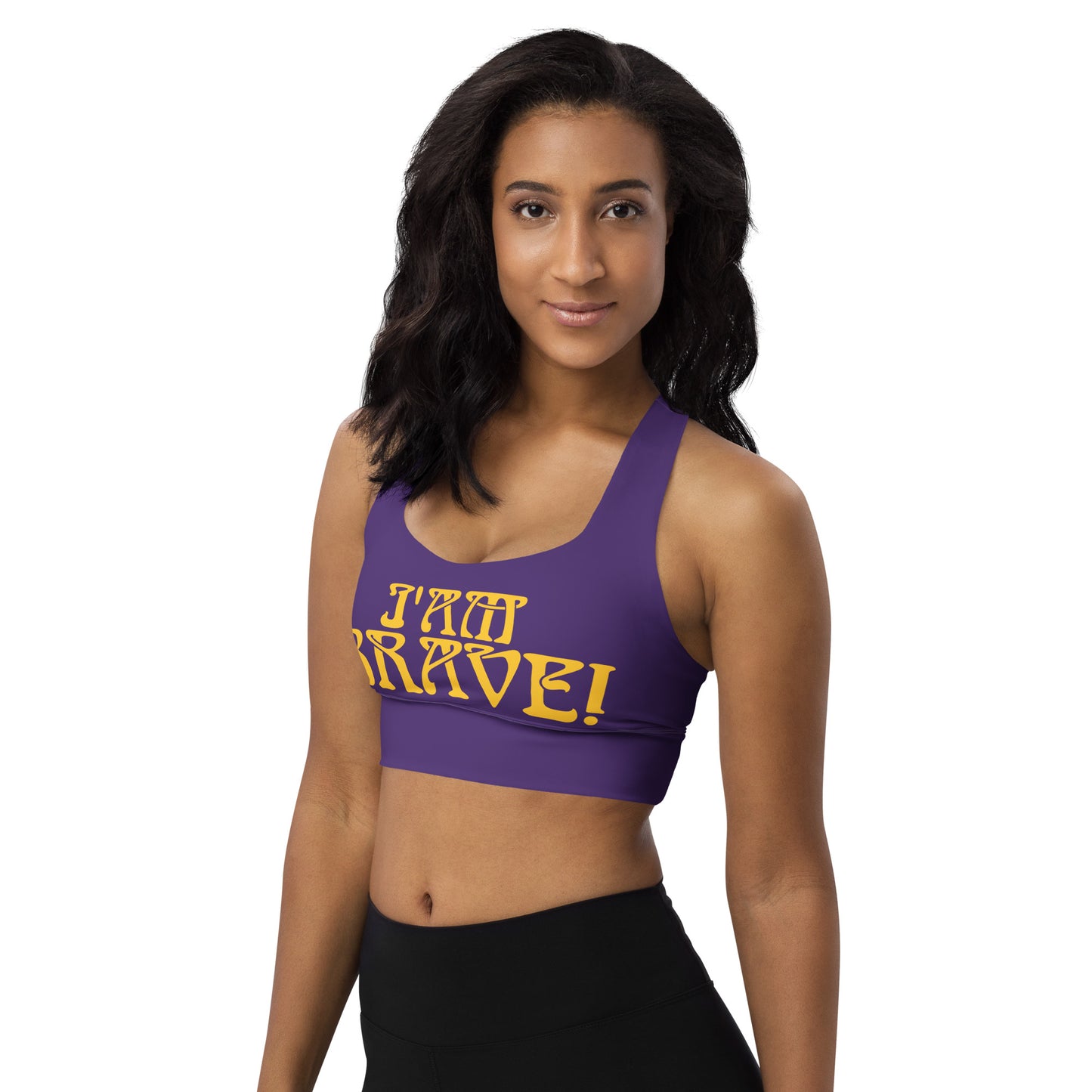 “I’AM BRAVE!” Purple Longline Sports Bra W/Yellow Font