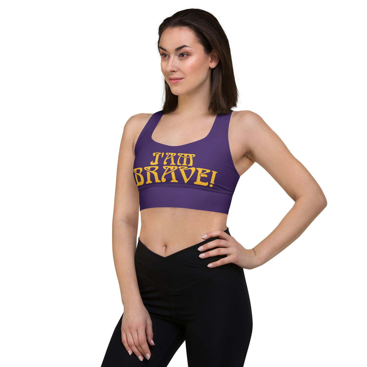 “I’AM BRAVE!” Purple Longline Sports Bra W/Yellow Font