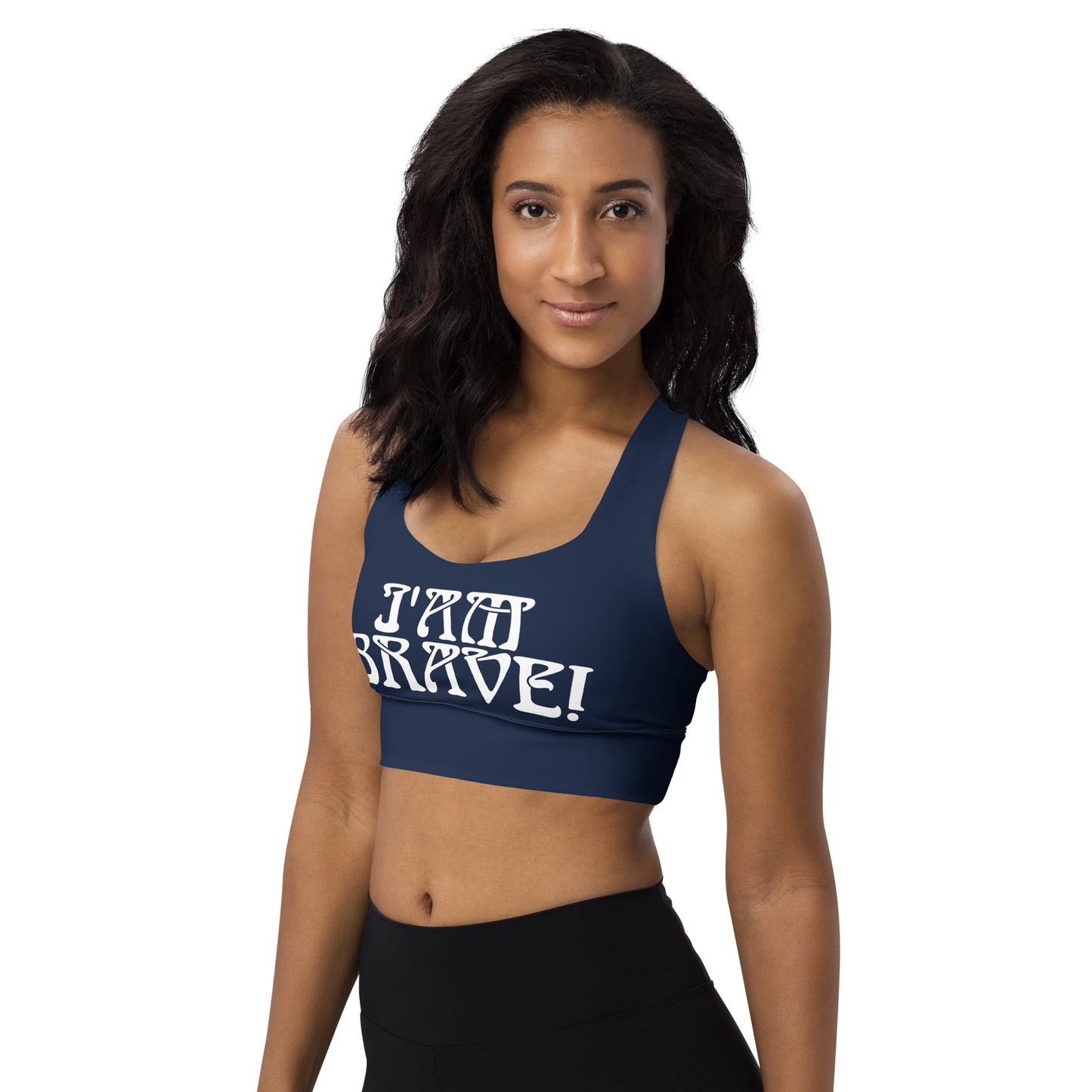 “I’AM BRAVE!” Navy Longline Sports Bra W/White Font