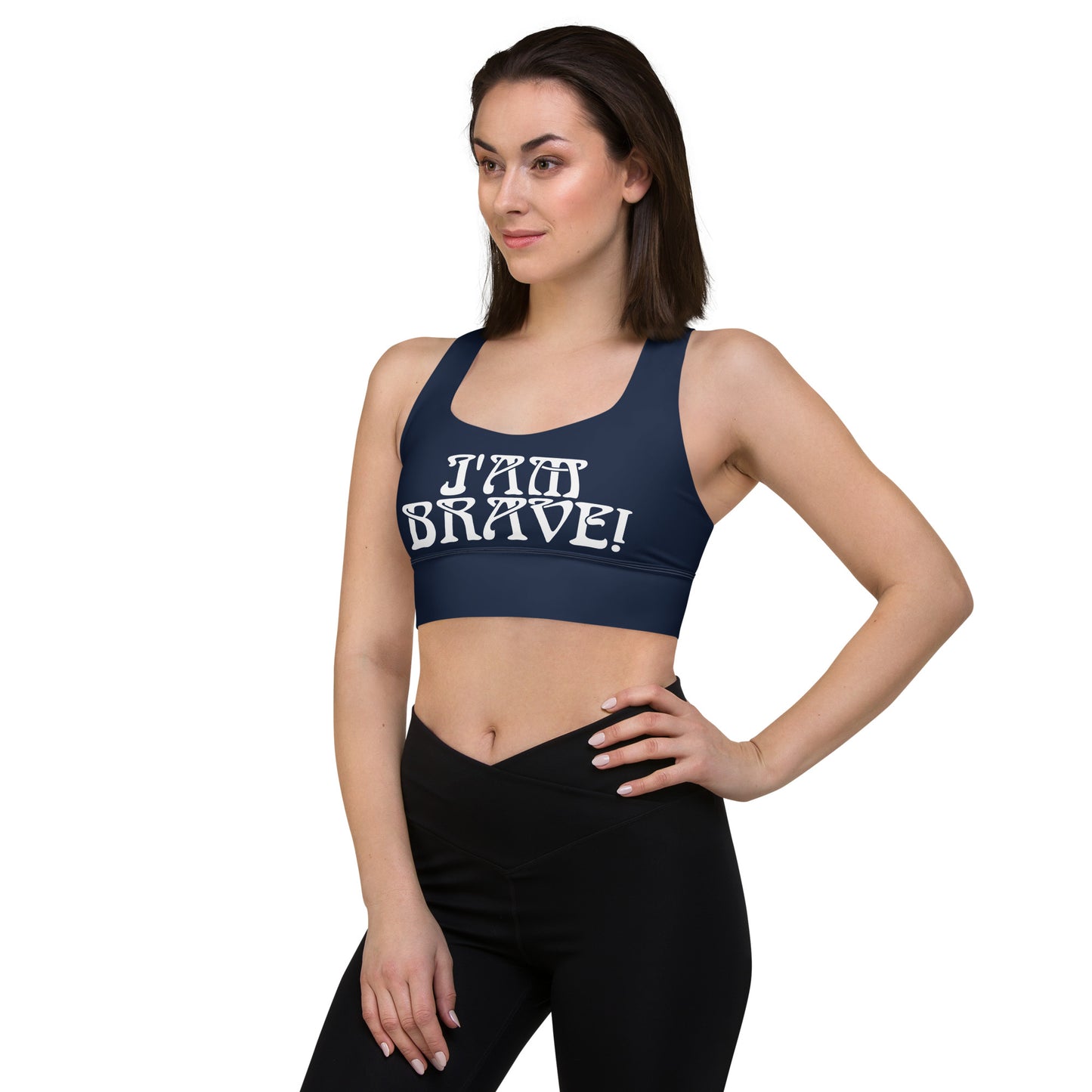 “I’AM BRAVE!” Navy Longline Sports Bra W/White Font