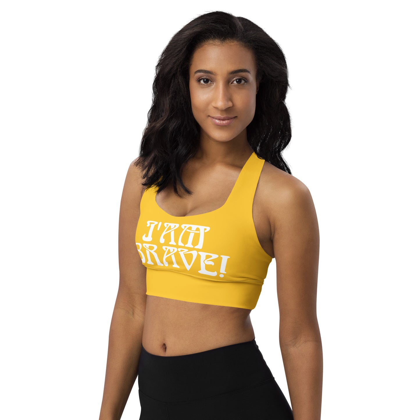 “I’AM BRAVE!” Yellow Longline Sports Bra W/White Font
