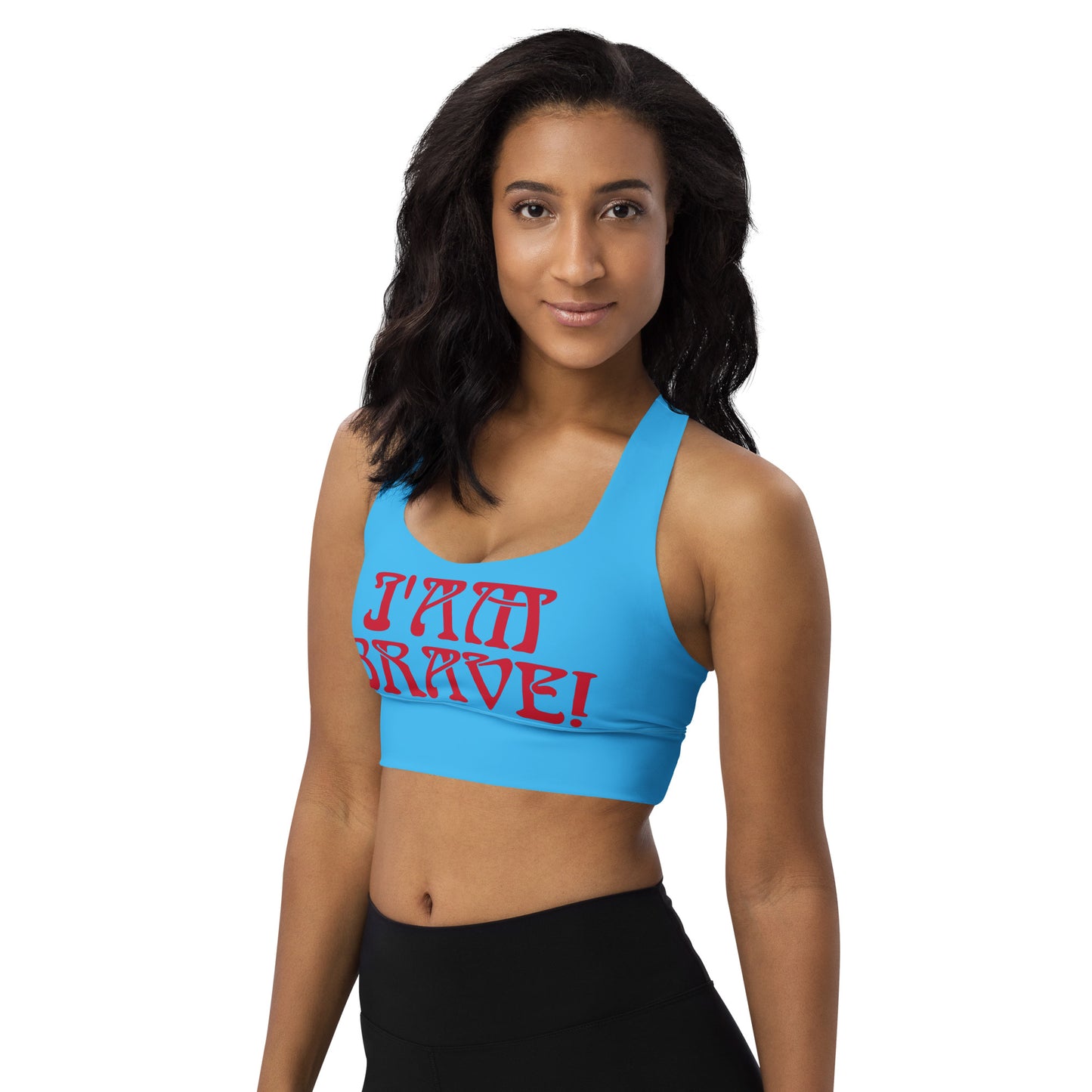 “I’AM BRAVE!” SkyBlue Longline Sports Bra W/Red Font