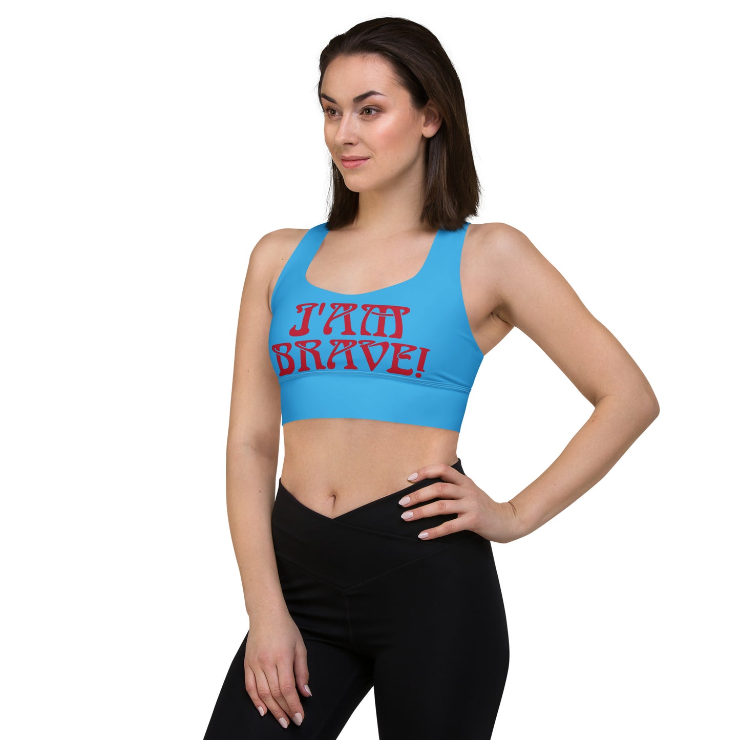 “I’AM BRAVE!” SkyBlue Longline Sports Bra W/Red Font