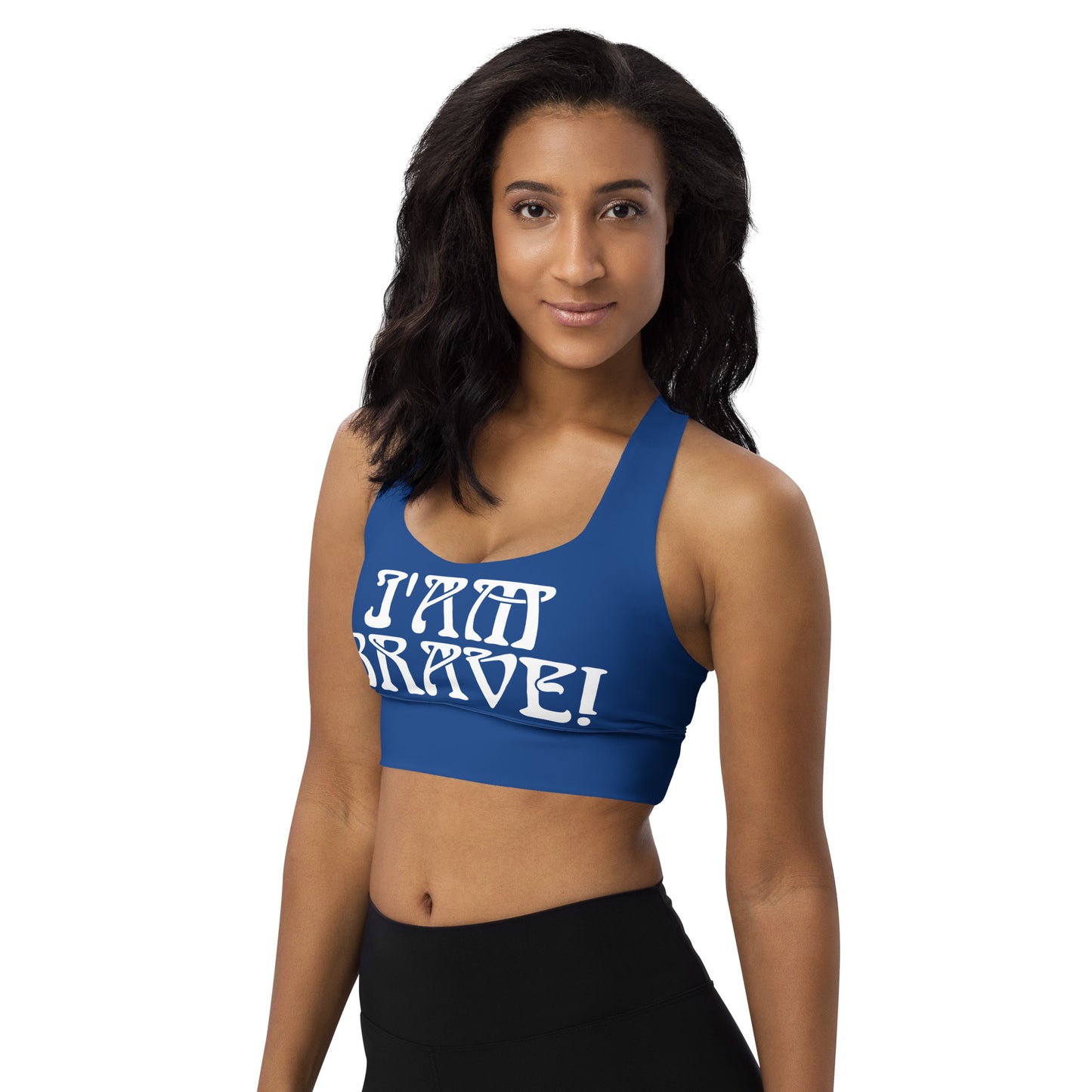 “I’AM BRAVE!” Cerulean Longline Sports Bra W/White Font