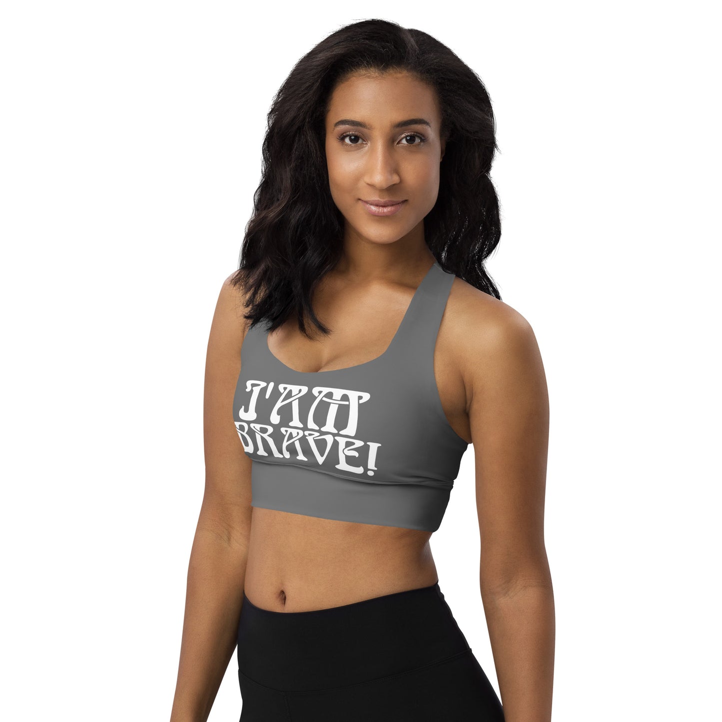 “I’AM BRAVE!” Grey Longline Sports Bra W/White Font