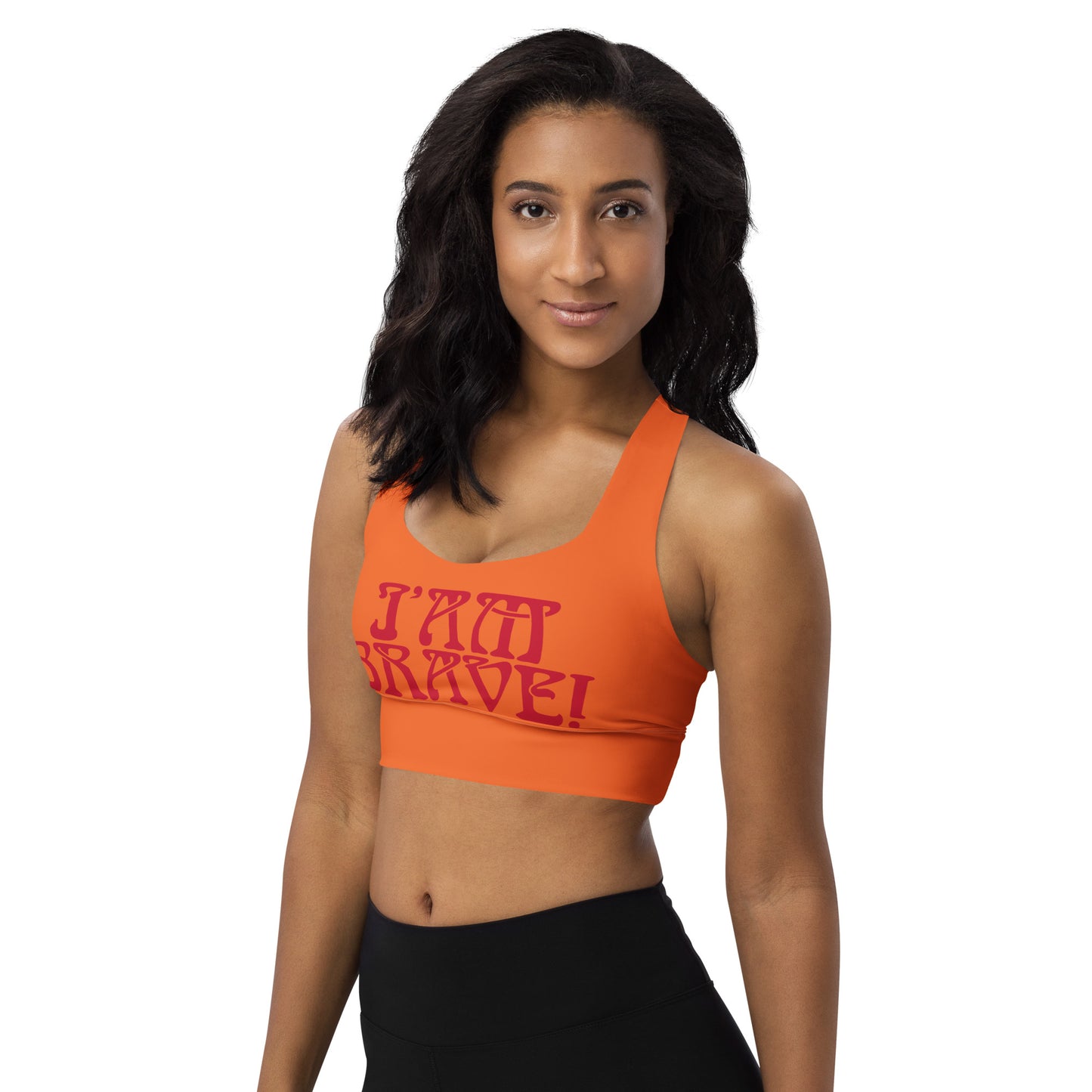 “I’AM BRAVE!” Orange Longline Sports Bra W/Red Font