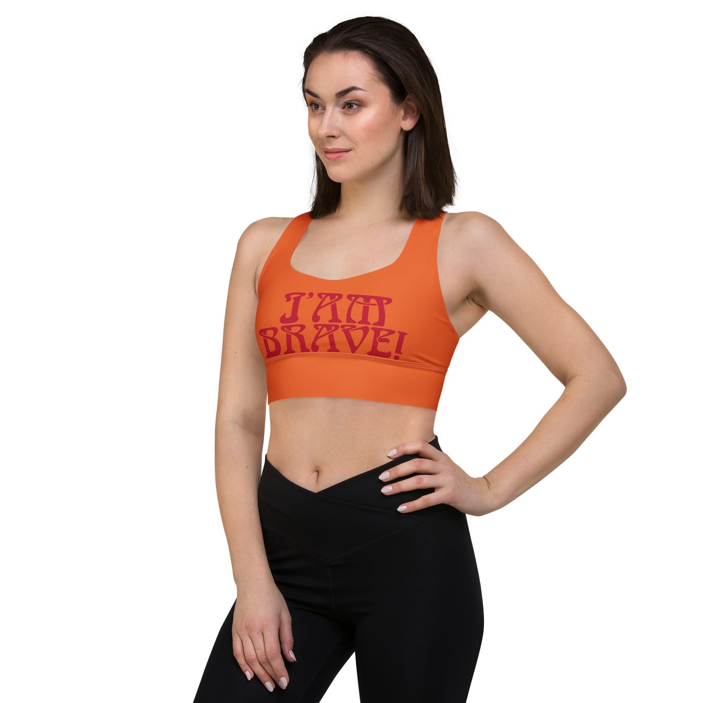 “I’AM BRAVE!” Orange Longline Sports Bra W/Red Font