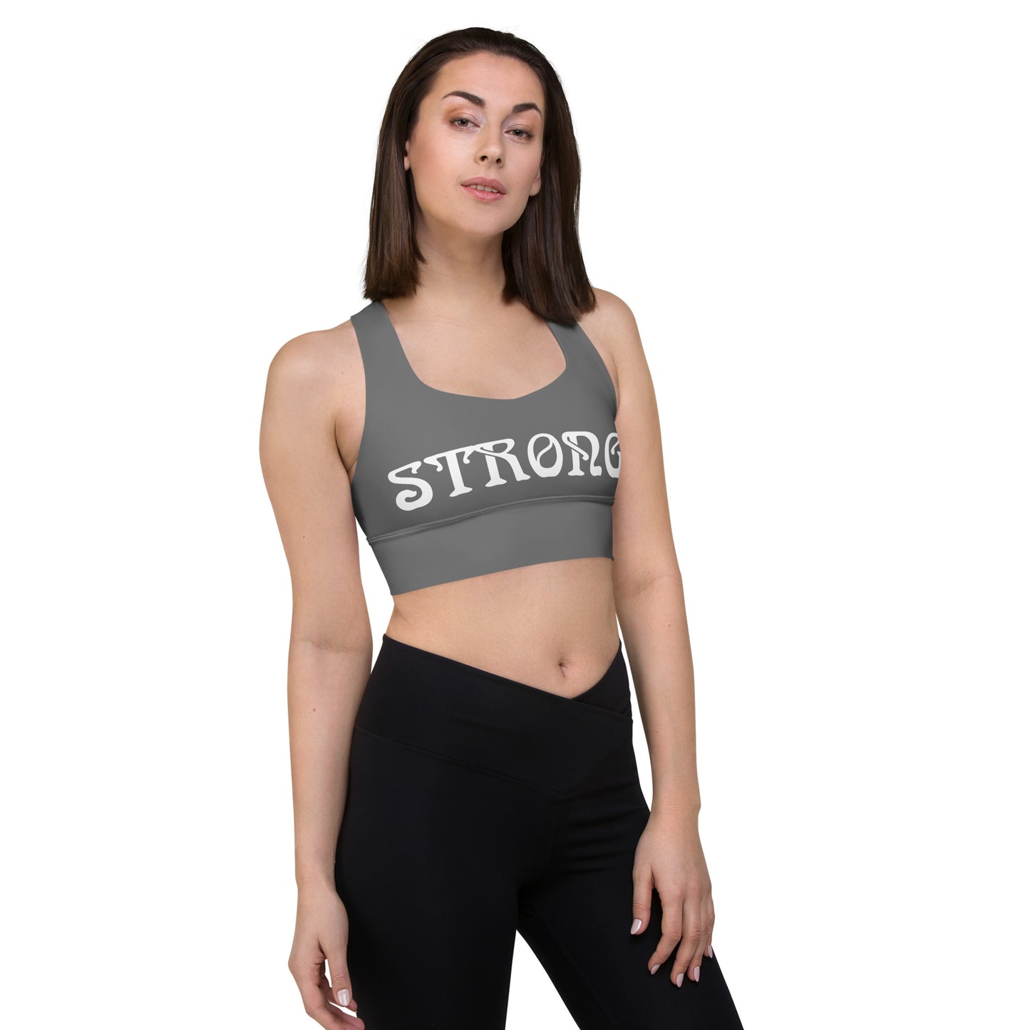 “STRONG”Grey Longline Sports Bra W/White Font