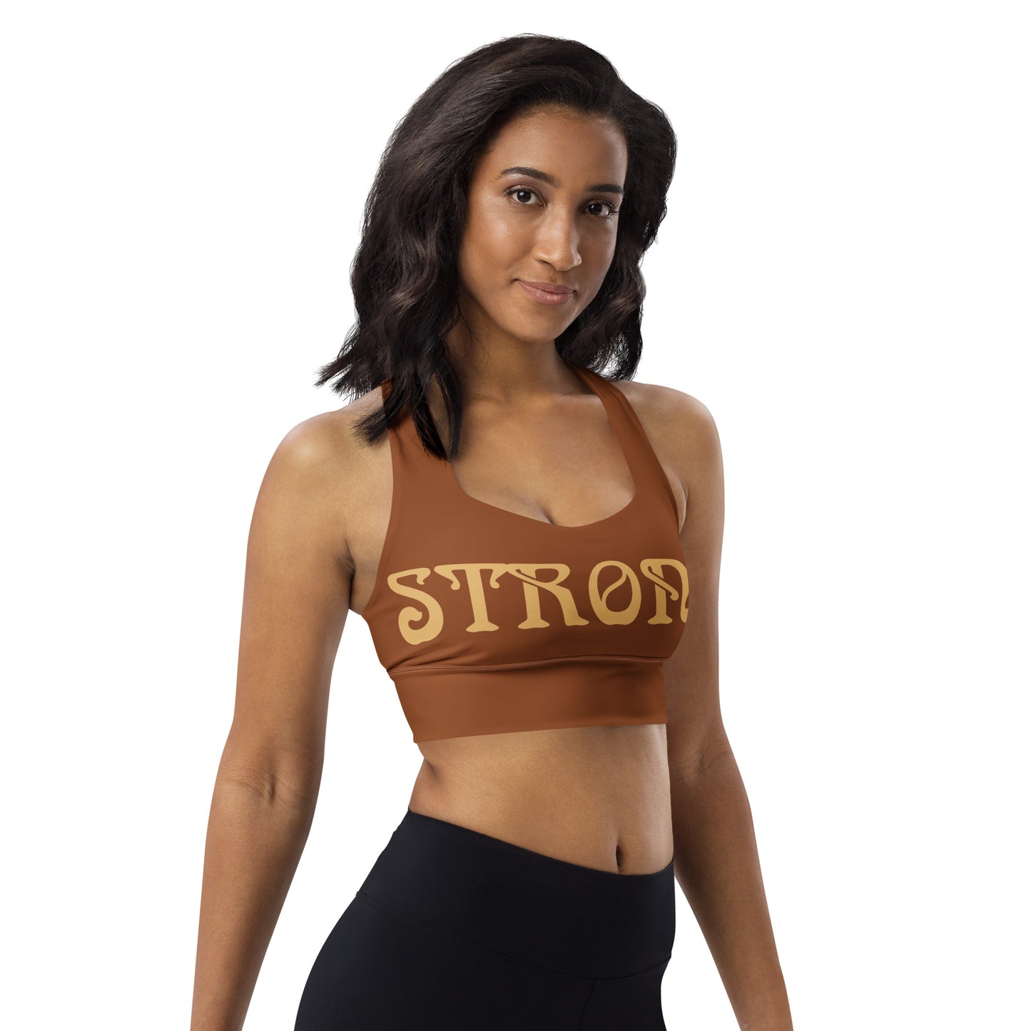“STRONG” Brown Longline Sports Bra W/Fawn Font