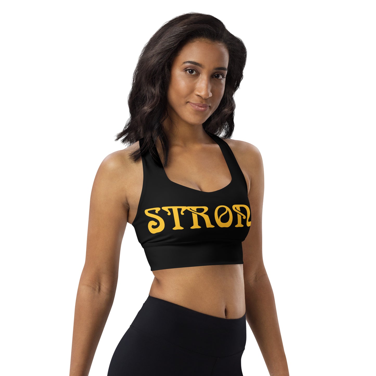 “STRONG”Black Longline Sports Bra W/Yellow Font