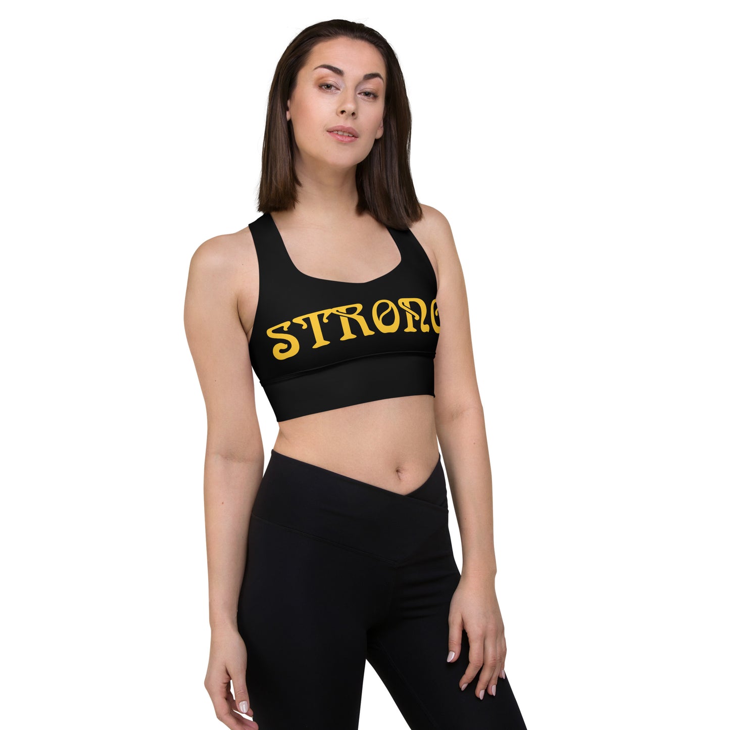 “STRONG”Black Longline Sports Bra W/Yellow Font