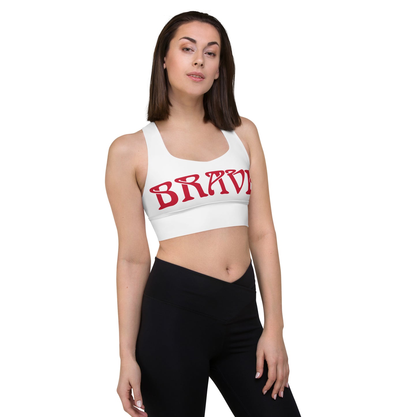 “BRAVE”White Longline Sports Bra W/Red Font