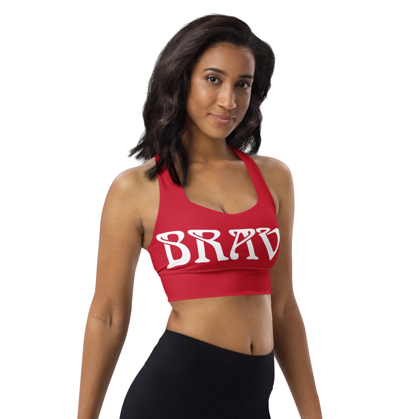 “BRAVE”Red Longline Sports Bra W/White Font