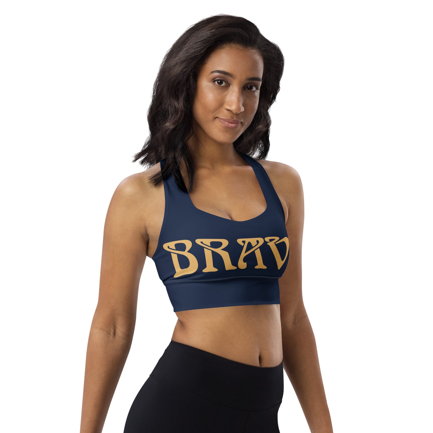 “BRAVE”Navy Longline Sports Bra W/Fawn Font