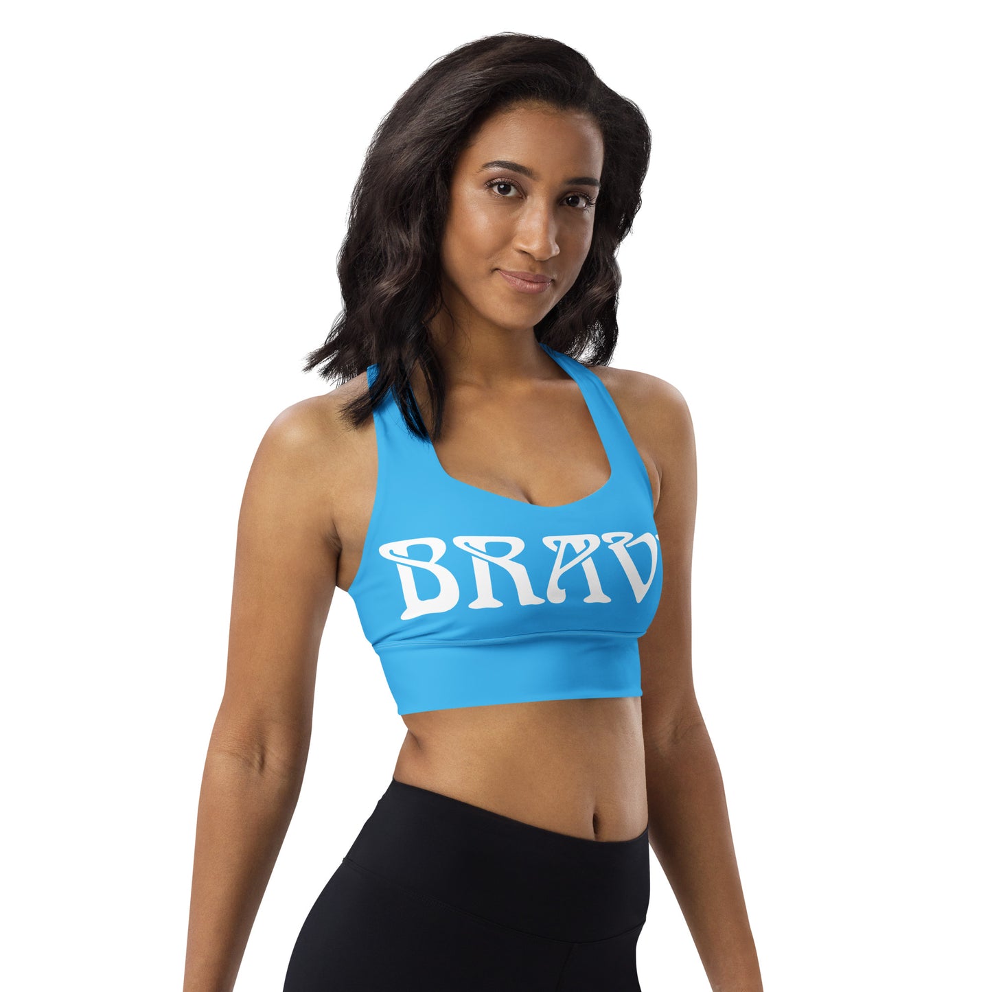 “BRAVE” SkyBlue Longline Sports Bra W/White Font