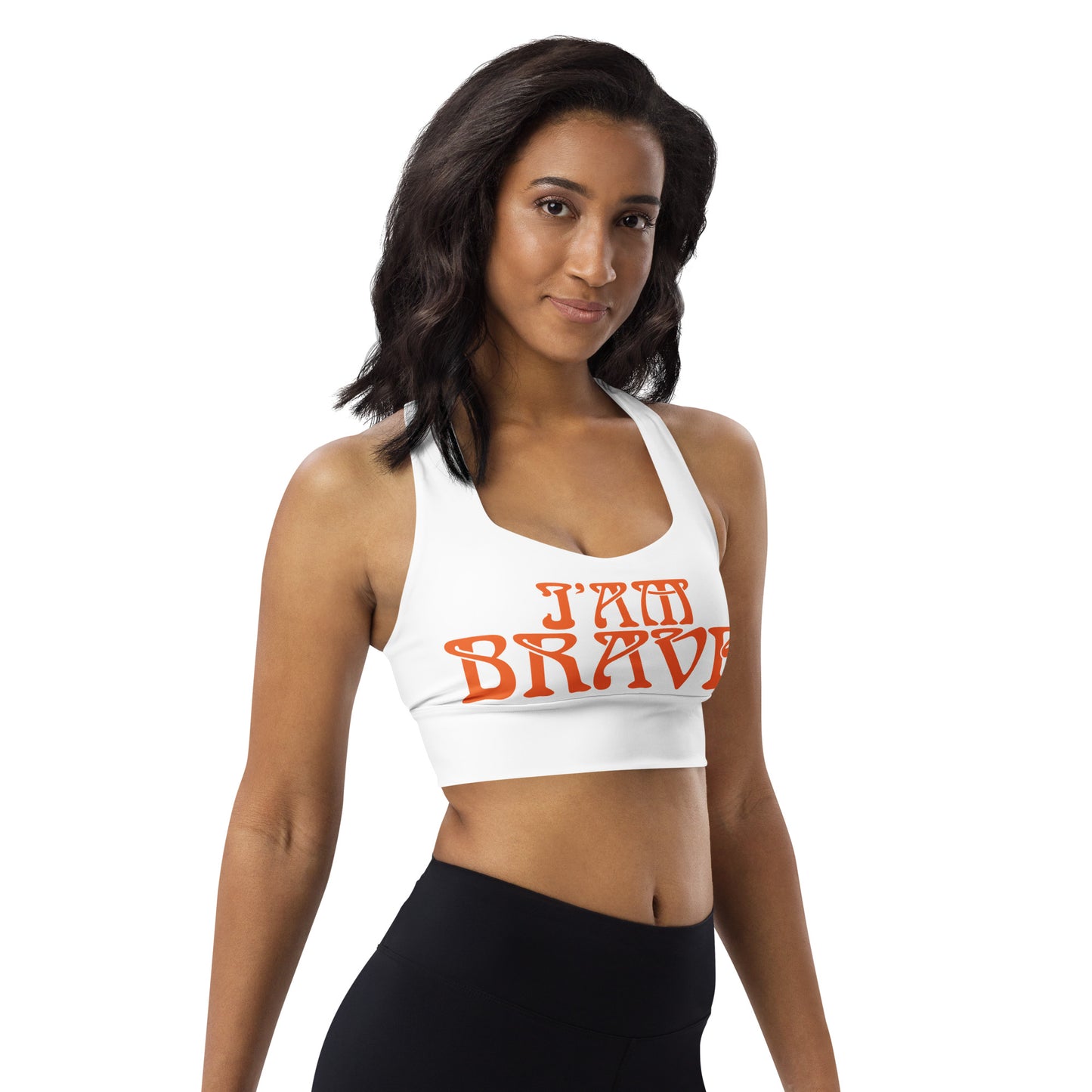 “I’AM BRAVE!” White Longline Sports Bra W/Orange Font