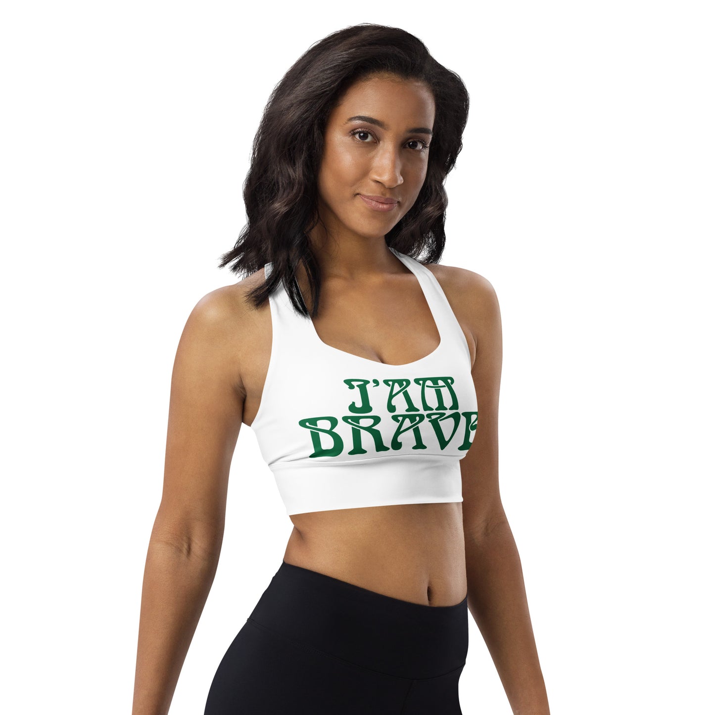 “I’AM BRAVE!” White Longline Sports Bra W/Green Font