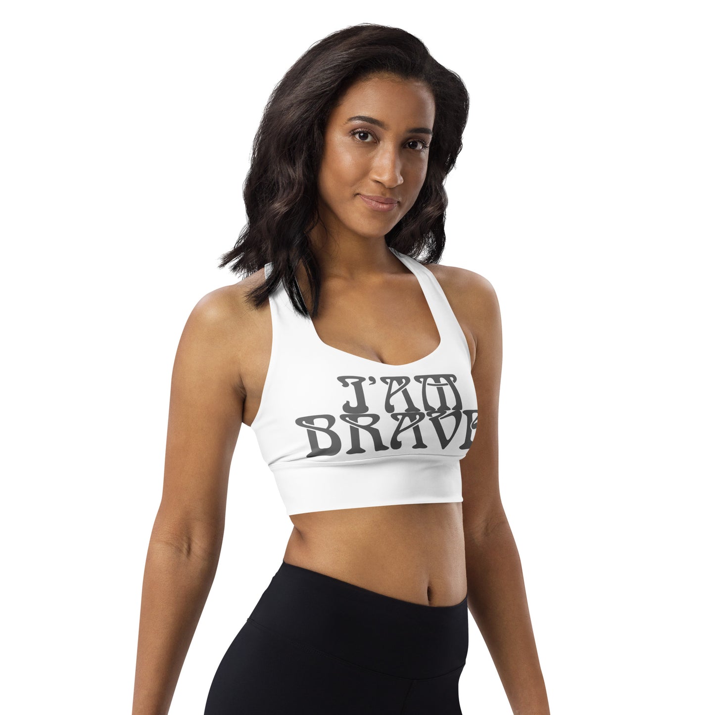 “I’AM BRAVE!” White Longline Sports Bra W/Grey Font