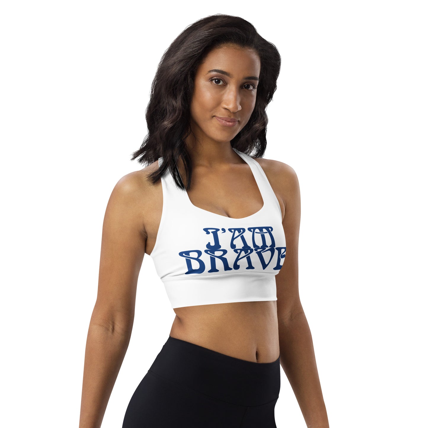 “I’AM BRAVE!” White Longline Sports Bra W/Blue Font
