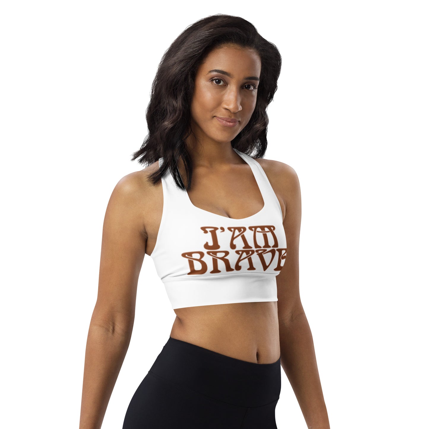 “I’AM BRAVE!” White Longline Sports Bra W/Brown Font