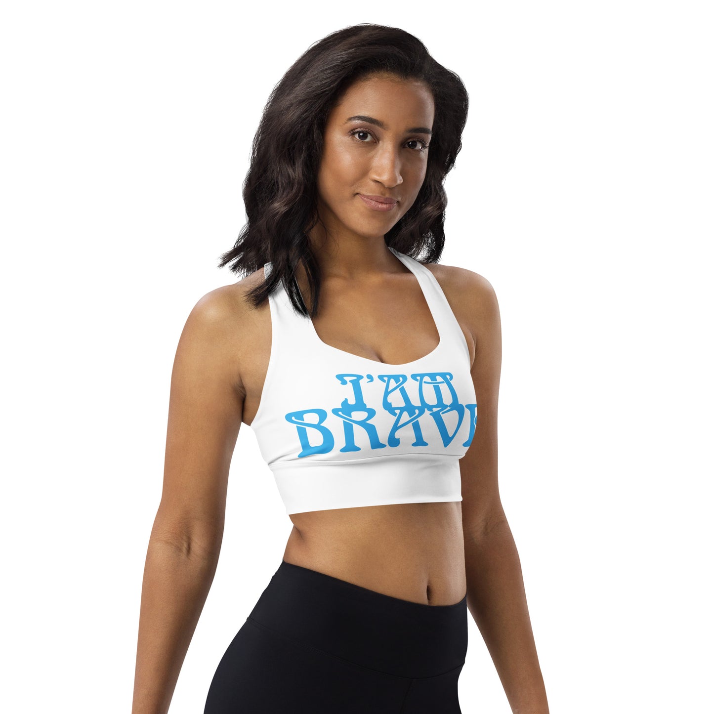 “I’AM BRAVE!” White Longline Sports Bra W/SkyBlue Font