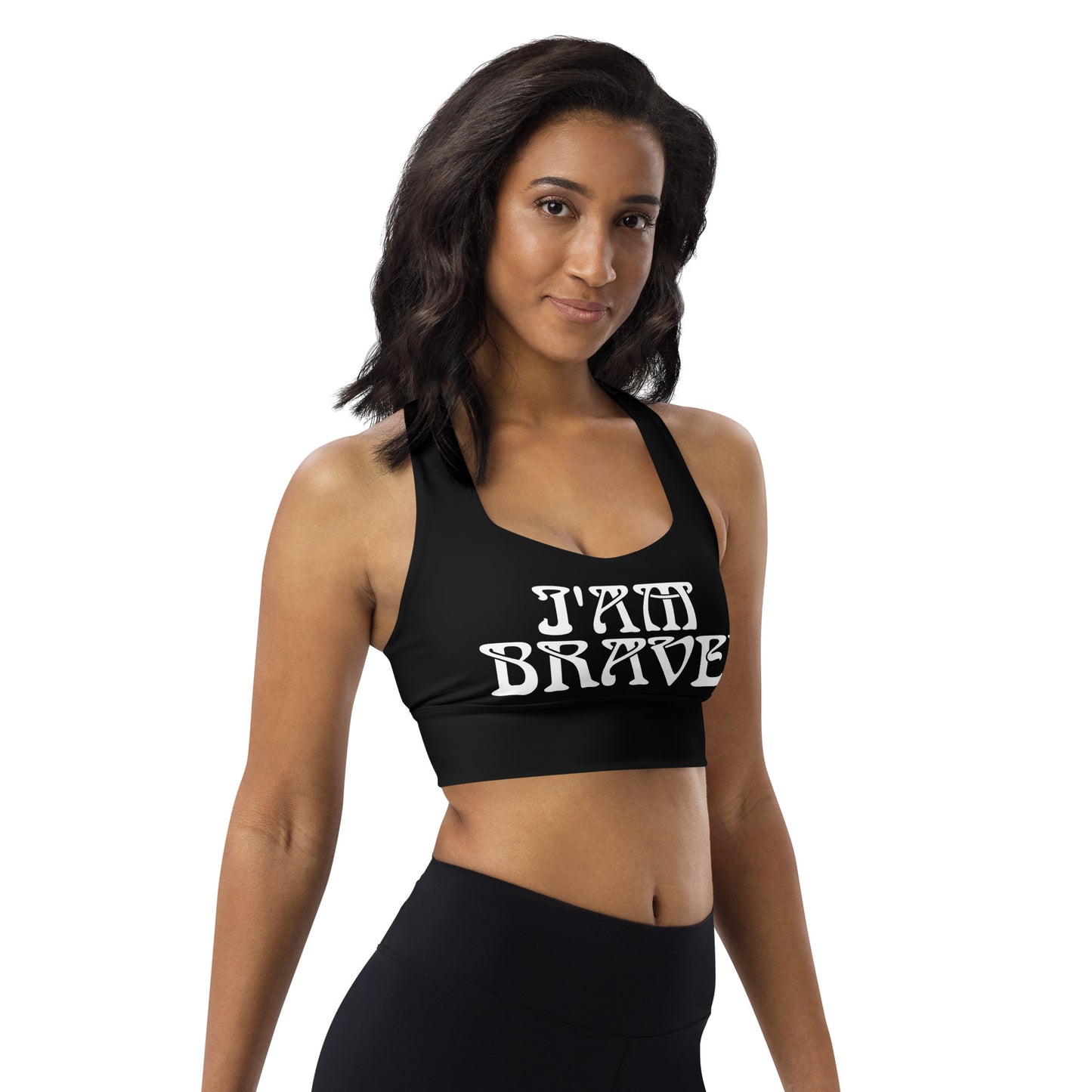 “I’AM BRAVE!” Black Longline Sports Bra W/White Font