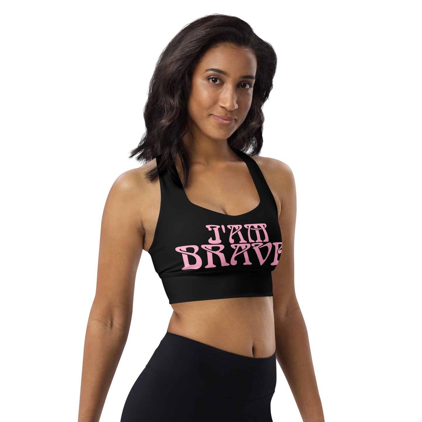 “I’AM BRAVE!” Black Longline Sports Bra W/Cotton Candy Font