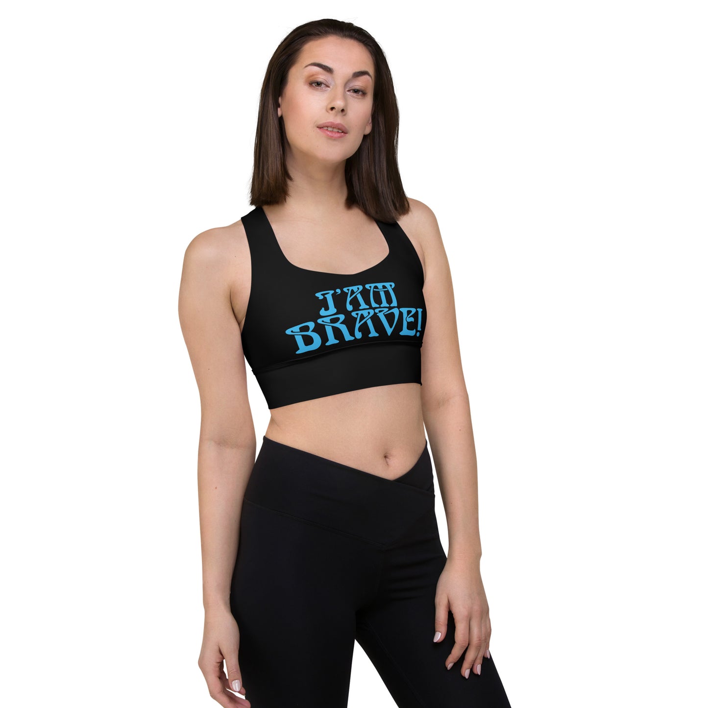 “I’AM BRAVE!” Black Longline Sports Bra W/SkyBlue Font