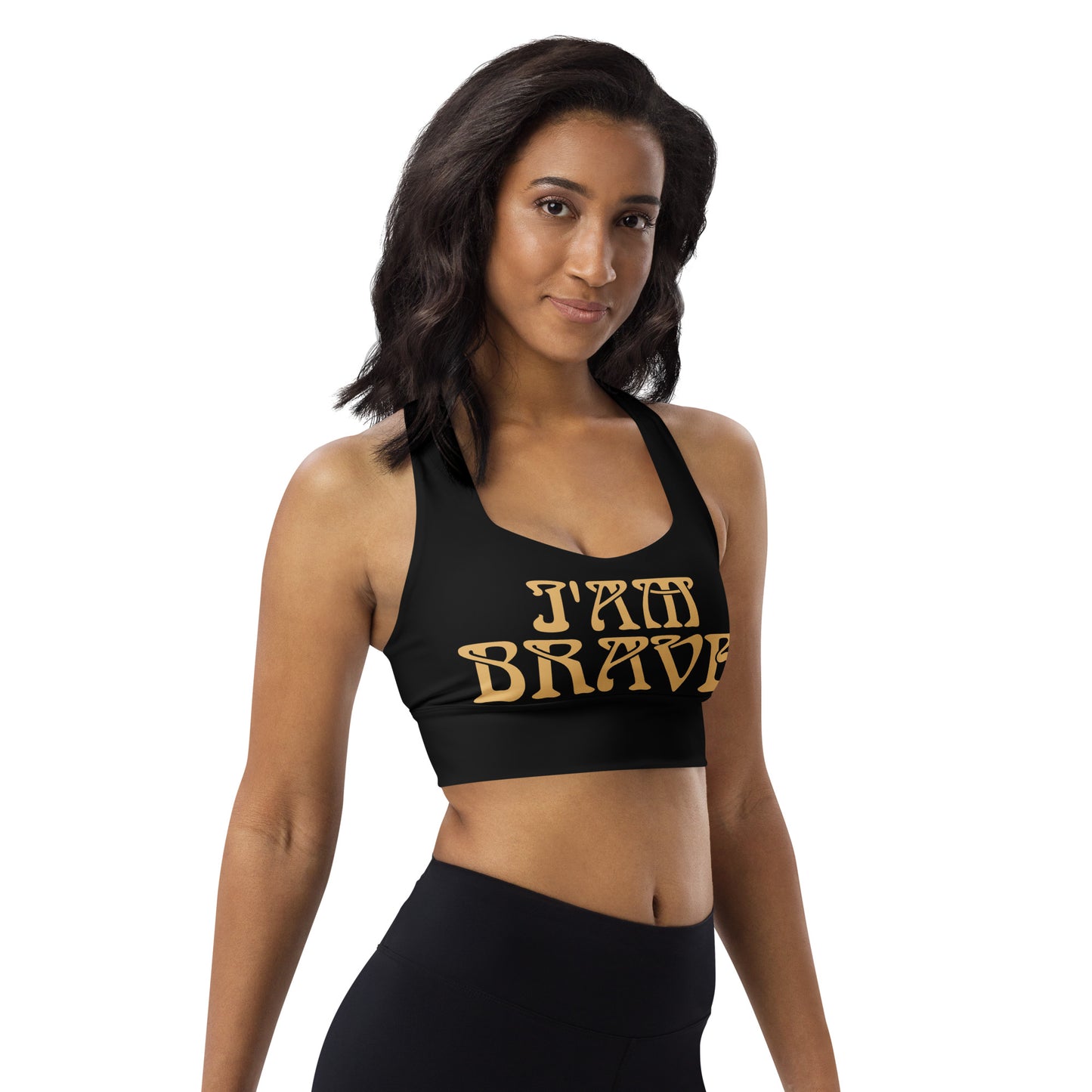 “I’AM BRAVE!” Black Longline Sports Bra W/Fawn Font