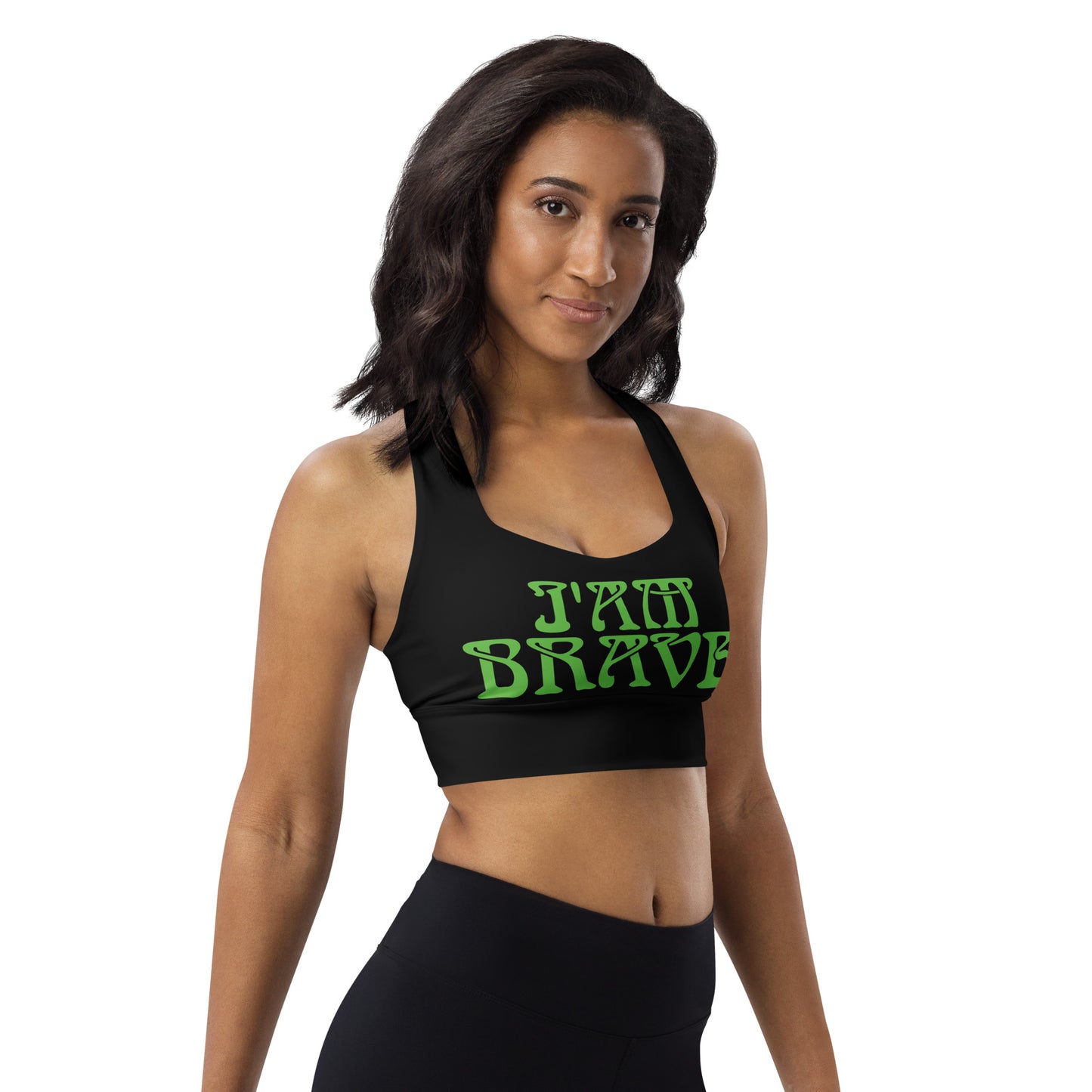 “I’AM BRAVE!” Black Longline Sports Bra W/Green Font
