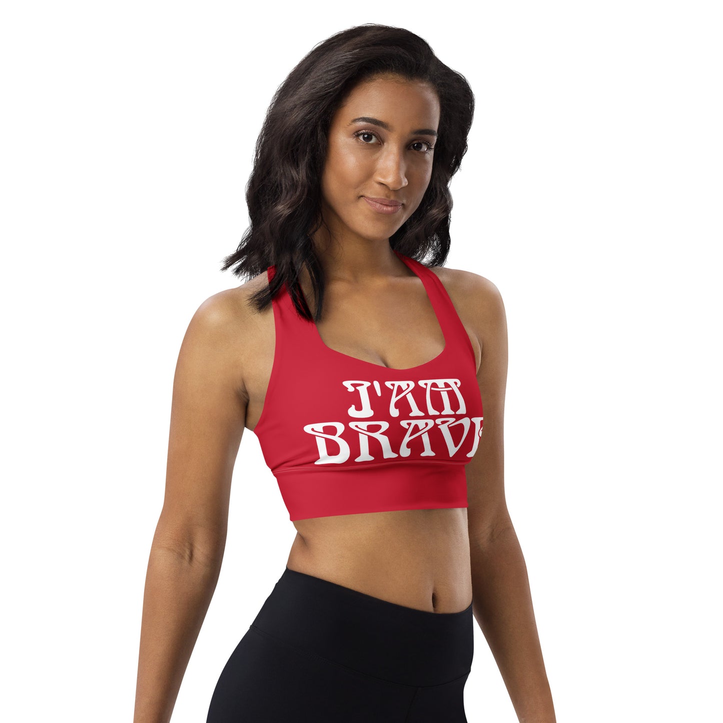 “I’AM BRAVE!” Red Longline Sports Bra W/White Font