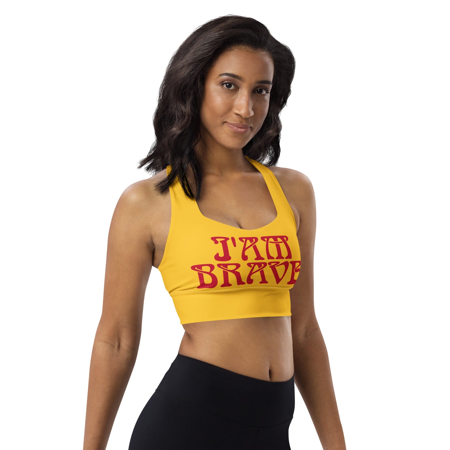 “I’AM BRAVE!” Yellow Longline Sports Bra W/Red Font