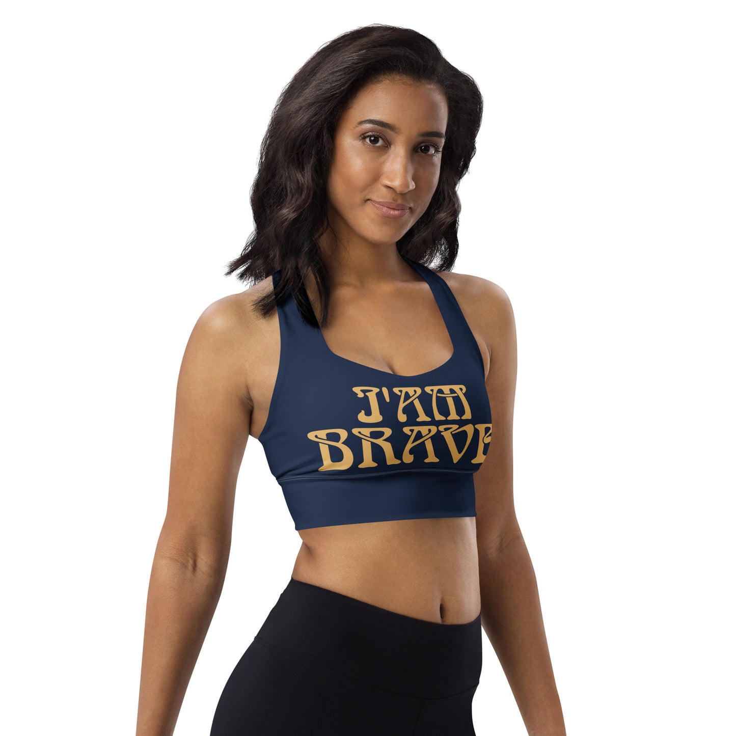 “I’AM BRAVE!” Navy Longline Sports Bra W/Fawn Font