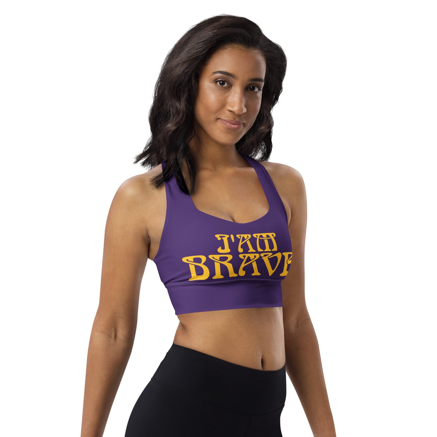 “I’AM BRAVE!” Purple Longline Sports Bra W/Yellow Font