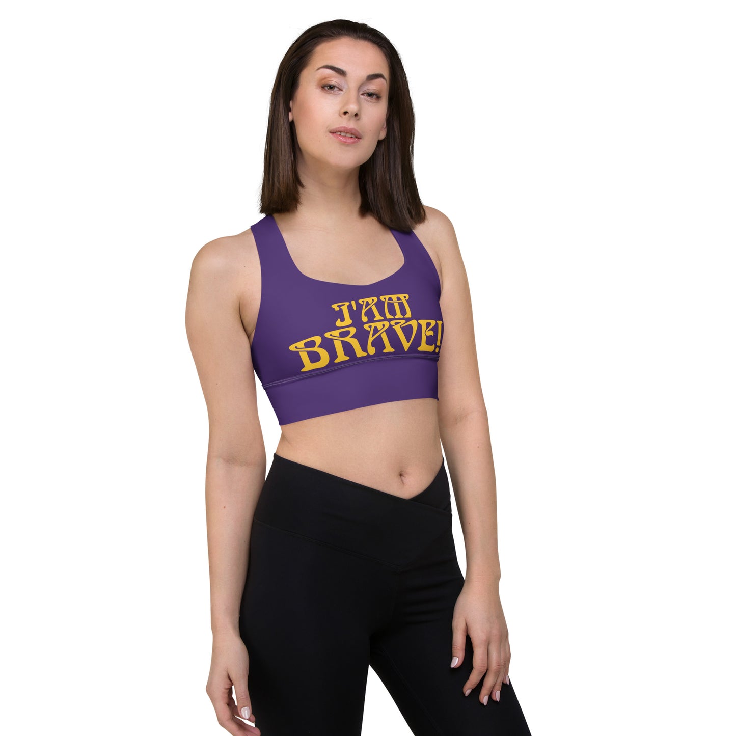 “I’AM BRAVE!” Purple Longline Sports Bra W/Yellow Font
