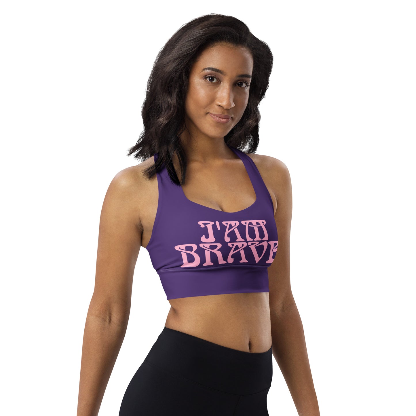 “I’AM BRAVE!” Purple Longline Sports Bra W/Cotton Candy Font
