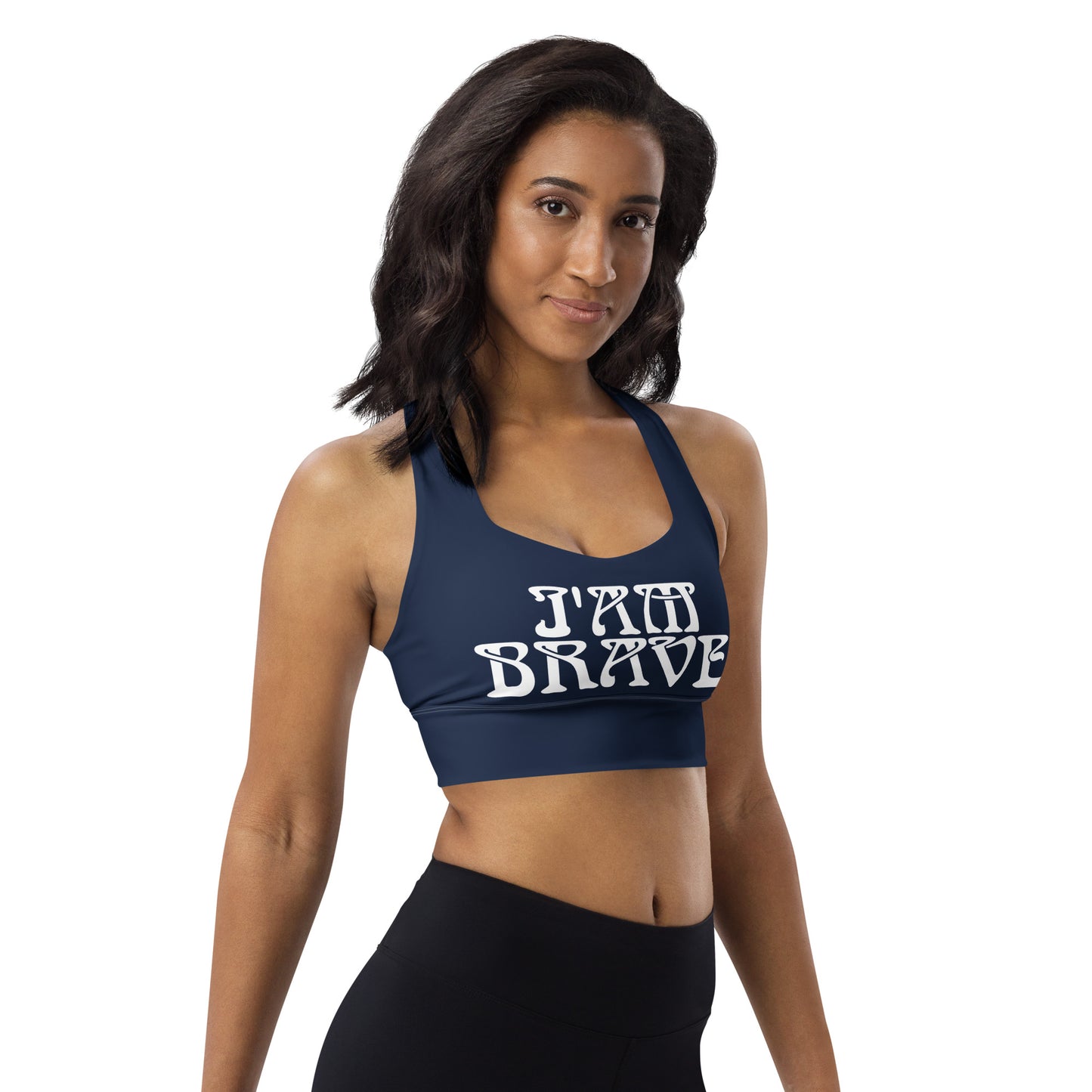 “I’AM BRAVE!” Navy Longline Sports Bra W/White Font