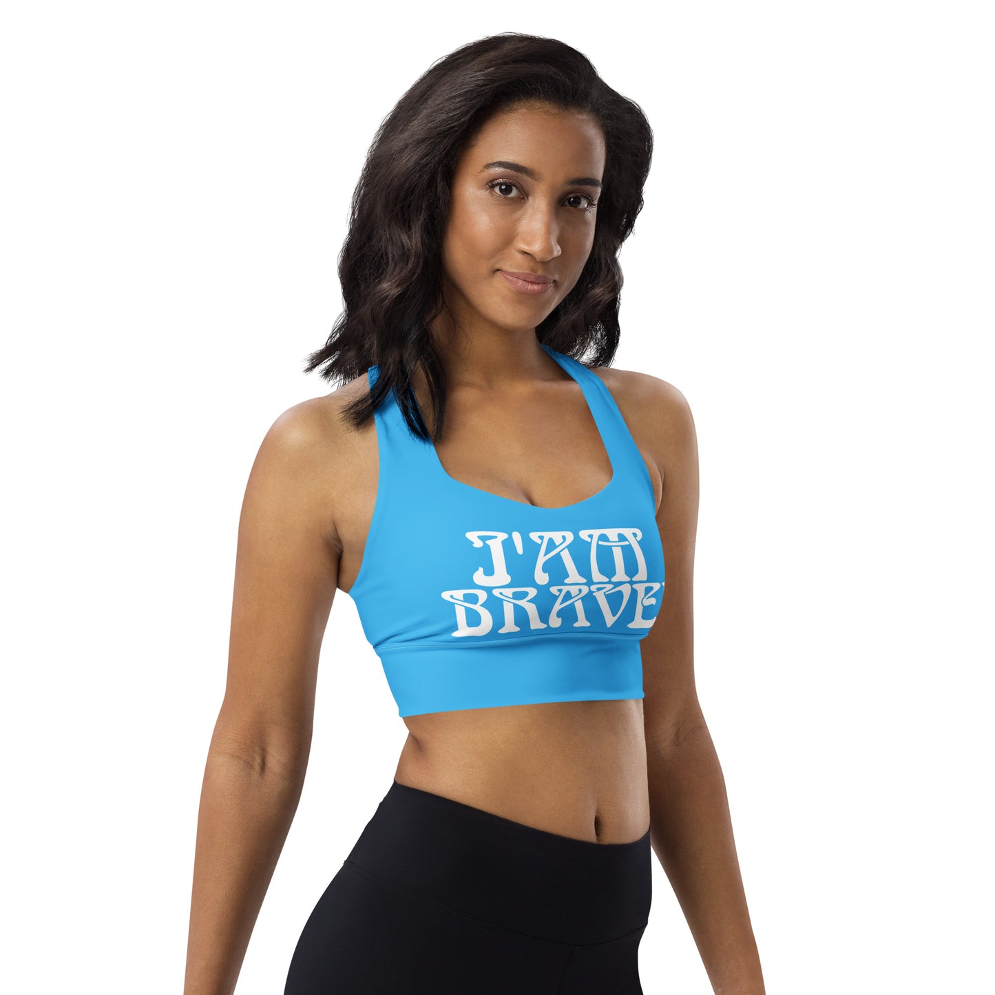 “I’AM BRAVE!” SkyBlue Longline Sports Bra W/White Font