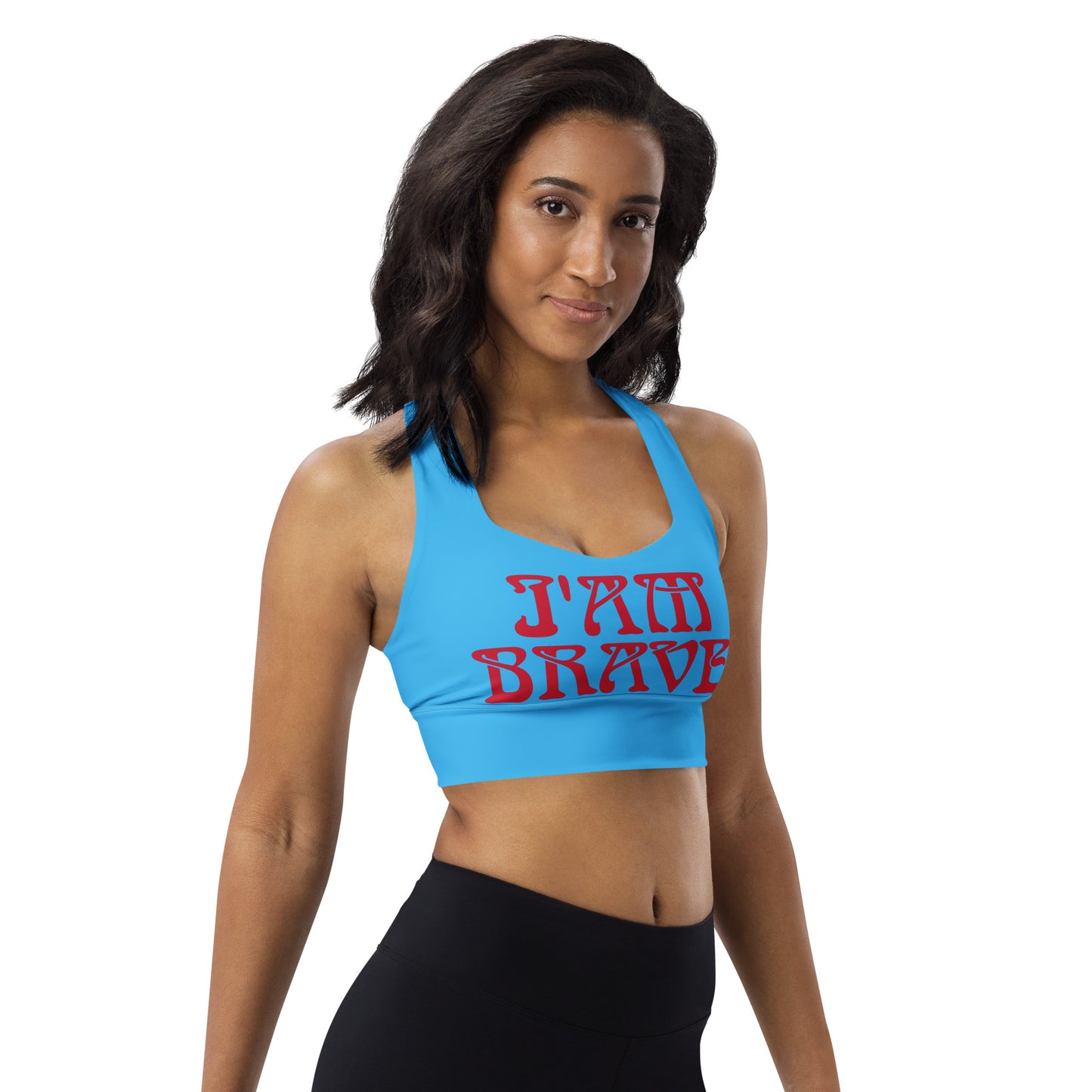 “I’AM BRAVE!” SkyBlue Longline Sports Bra W/Red Font