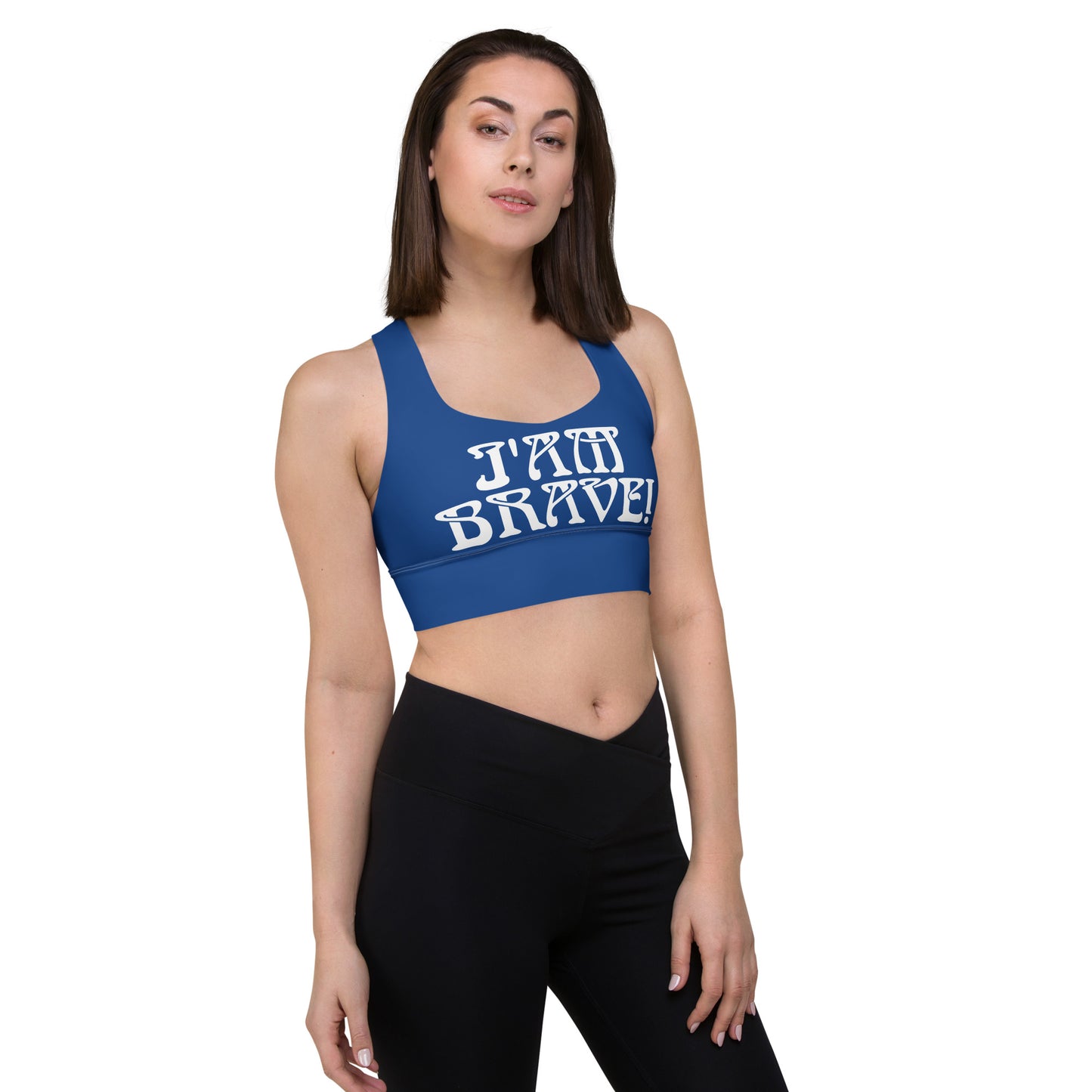 “I’AM BRAVE!” Cerulean Longline Sports Bra W/White Font