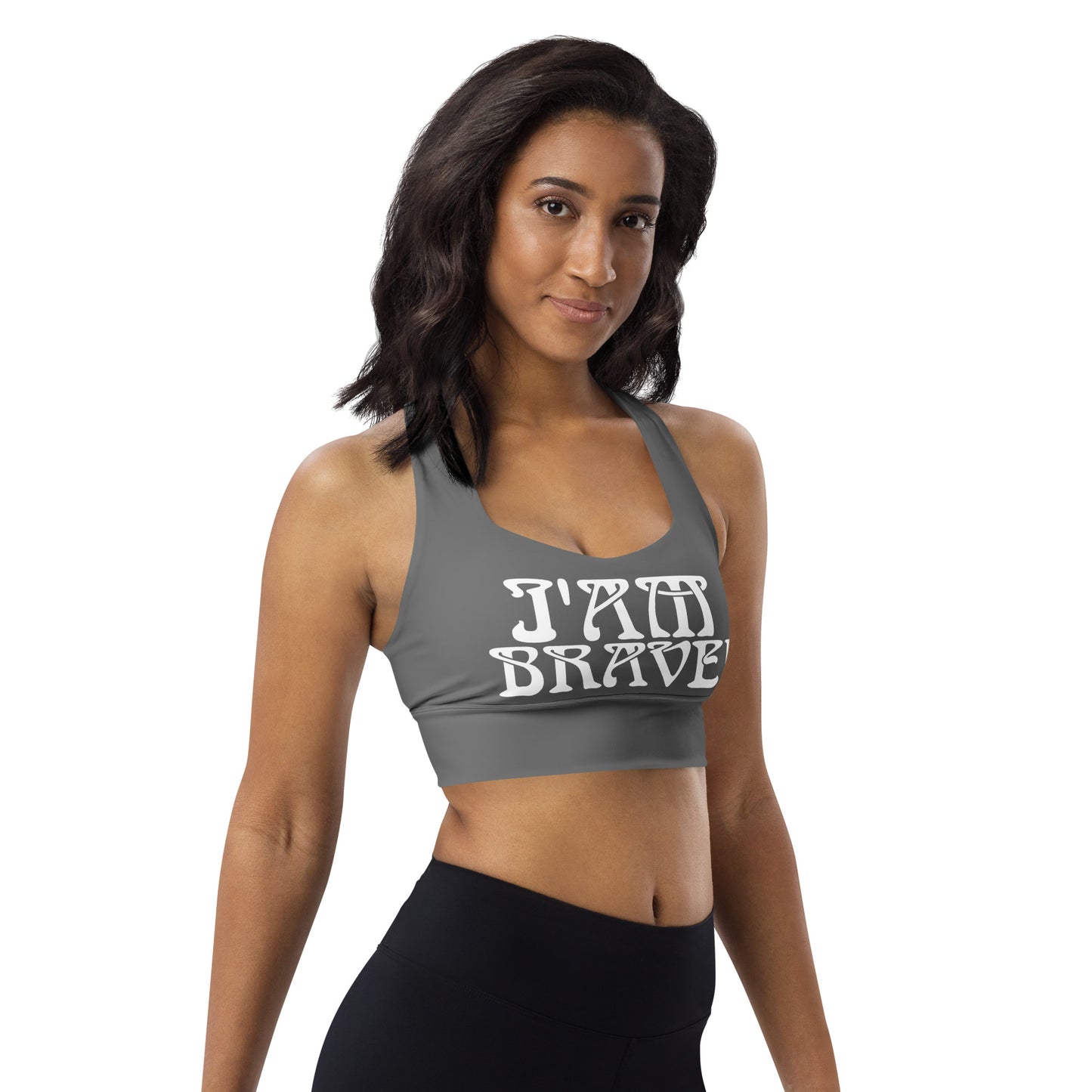 “I’AM BRAVE!” Grey Longline Sports Bra W/White Font