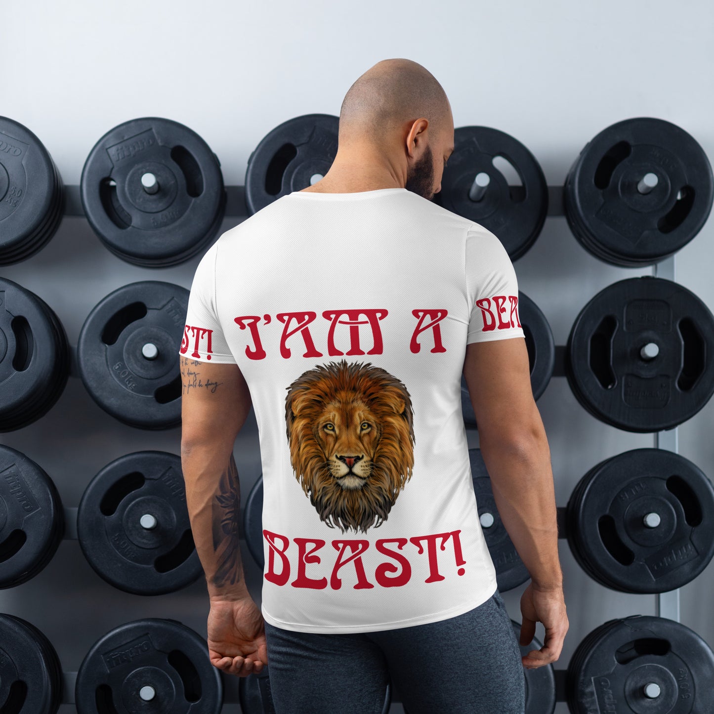 “I’AM A BEAST!”White Men's Athletic T-Shirt W/Red Font