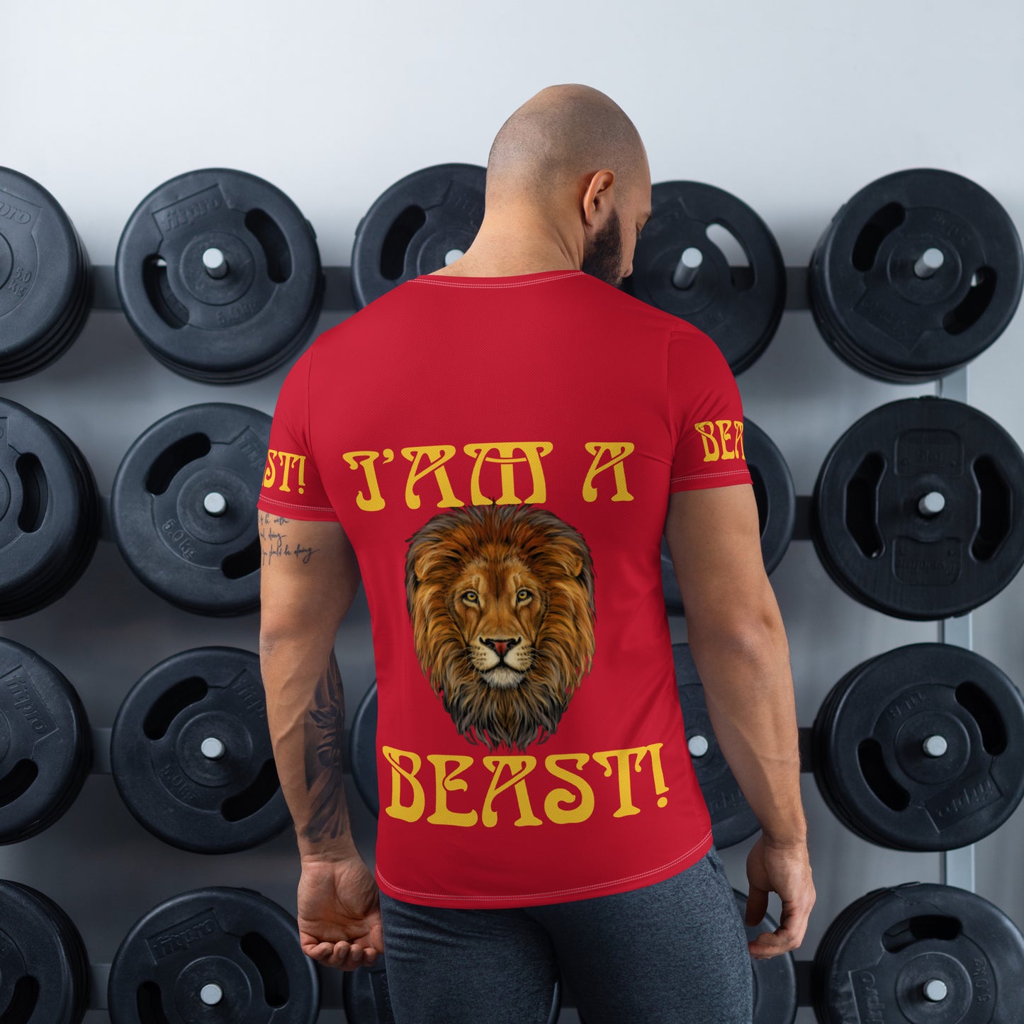 “I’AM A BEAST!”Red Men's Athletic T-Shirt W/Yellow Font