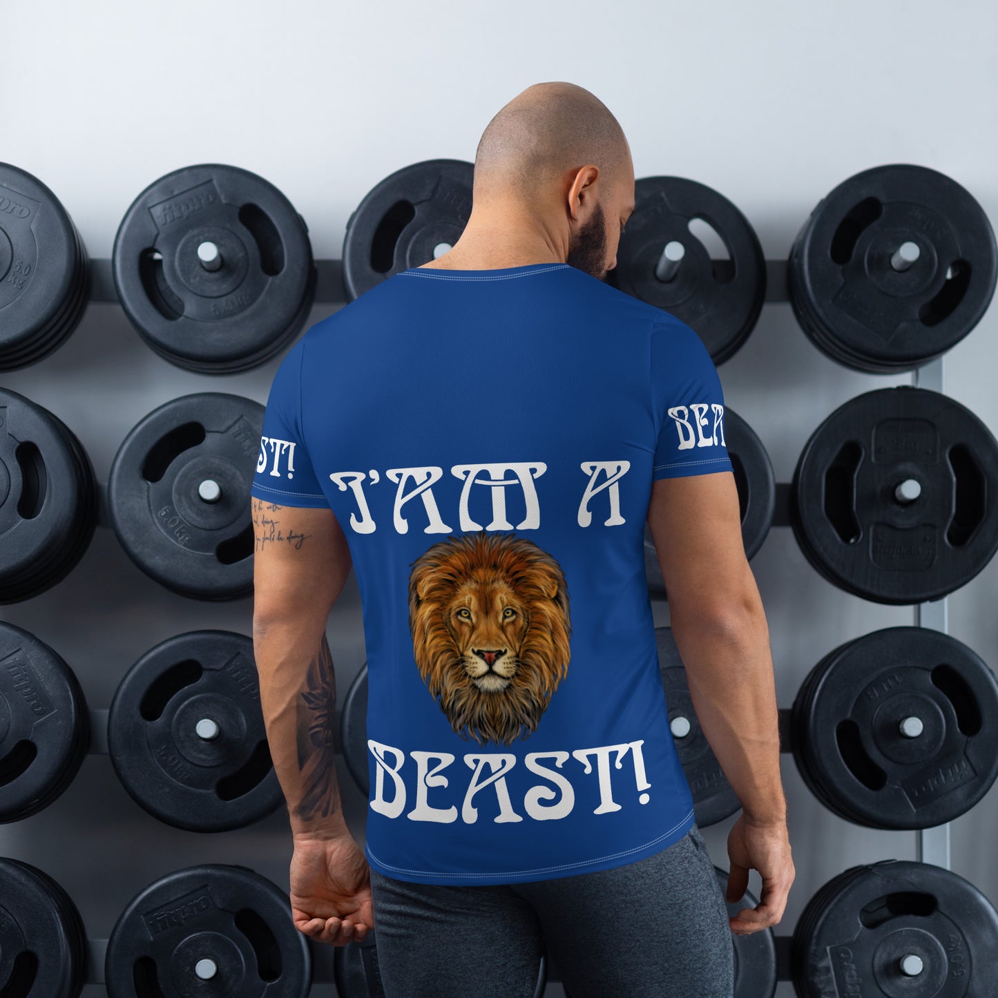 “I’AM A BEAST!”Blue Men's Athletic T-Shirt W/White Font